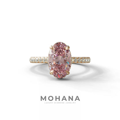 2.5 Carat Pink Oval Hidden Halo & Pave Setting Lab Diamond Ring - Eblouissant - 10K Solid Gold / Rose Gold