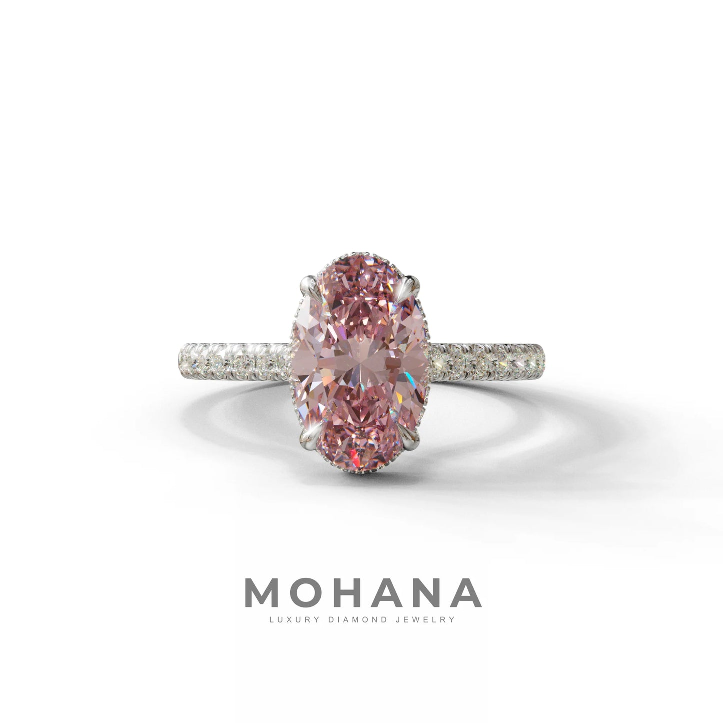 2.5 Carat Pink Oval Hidden Halo & Pave Setting Lab Diamond Ring - Eblouissant - 10K Solid Gold / White Gold