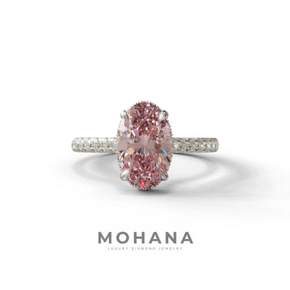 2.5 Carat Pink Oval Hidden Halo & Pave Setting Lab Diamond Ring - Eblouissant - 10K Solid Gold / White Gold