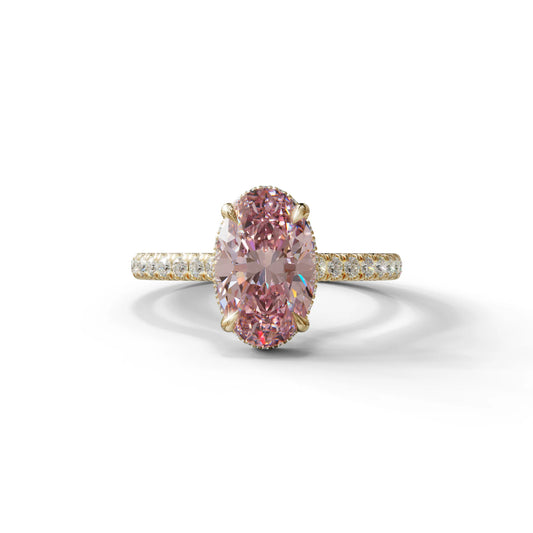 2.5 Carat Pink Oval Hidden Halo & Pave Setting Lab Diamond Ring - Eblouissant - 10K Solid Gold / Yellow Gold