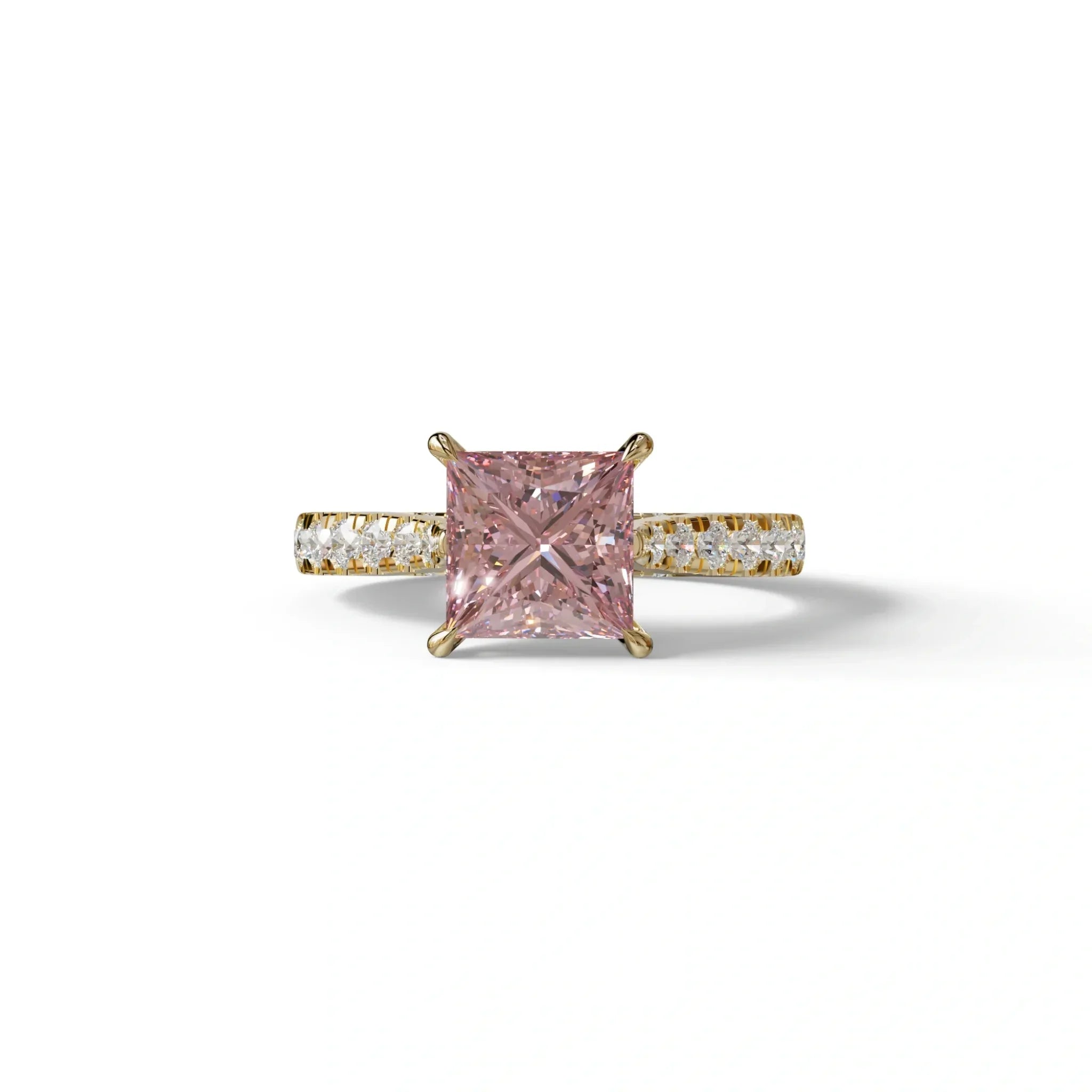 2.5 Carat Pink Princess Cut Hidden Halo & Pave Lab Diamond Ring - Aries - 10K Solid Gold / Yellow Gold
