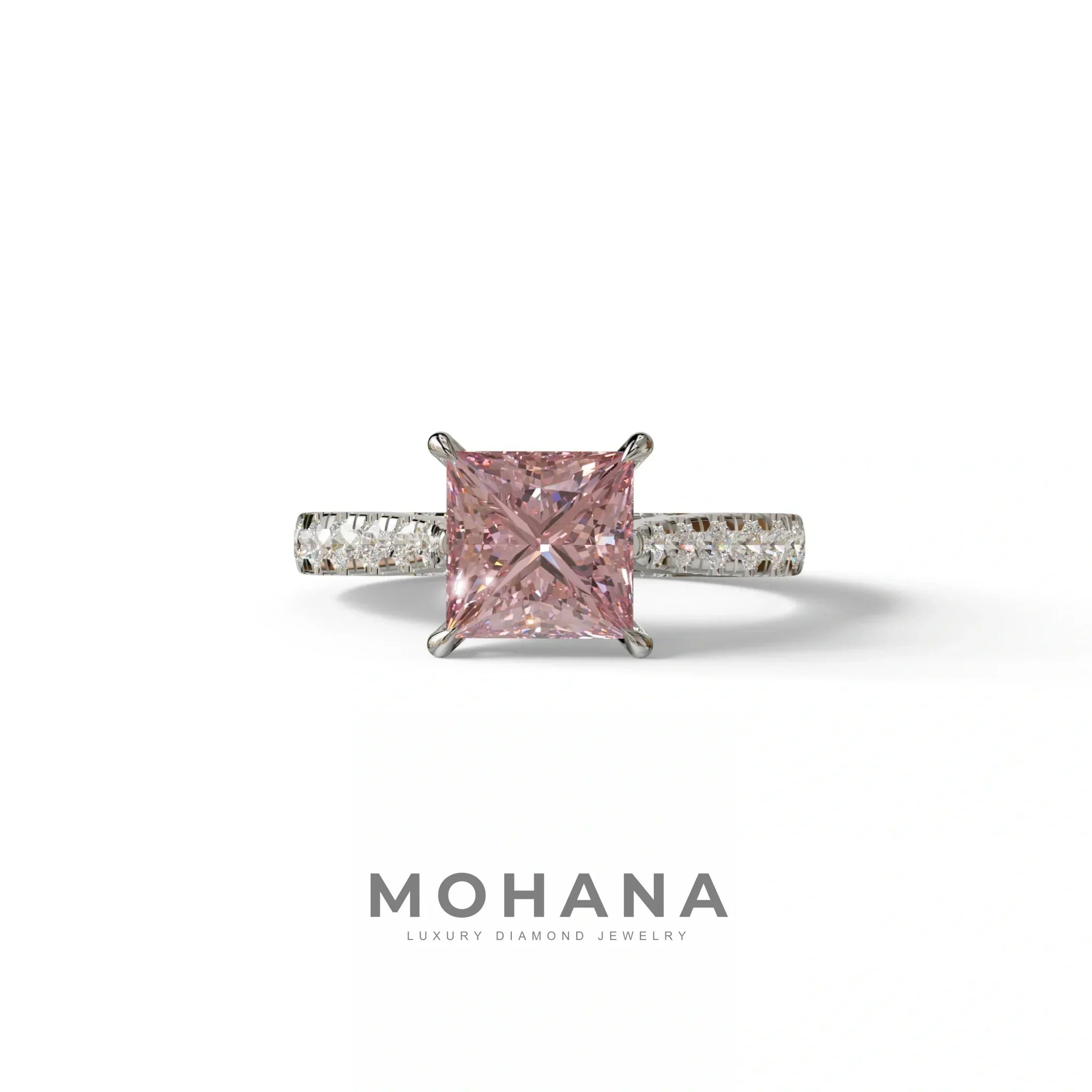 2.5 Carat Pink Princess Cut Hidden Halo & Pave Lab Diamond Ring - Aries - 10K Solid Gold / White Gold