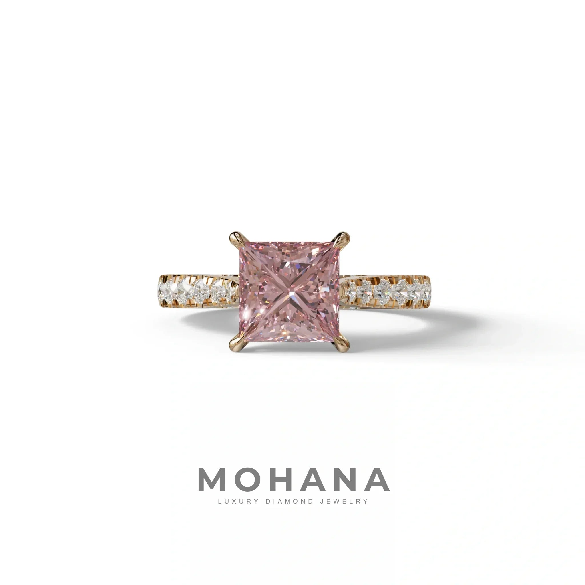 2.5 Carat Pink Princess Cut Hidden Halo & Pave Lab Diamond Ring - Aries - 10K Solid Gold / Rose Gold