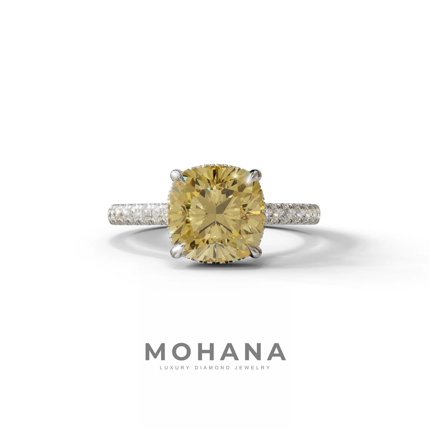 2.5 Carat Yellow Cushion Cut Hidden Halo & Pave Lab Diamond Ring - Éblouissant - 10K Solid Gold / White Gold
