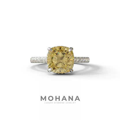 2.5 Carat Yellow Cushion Cut Hidden Halo & Pave Lab Diamond Ring - Éblouissant - 10K Solid Gold / White Gold