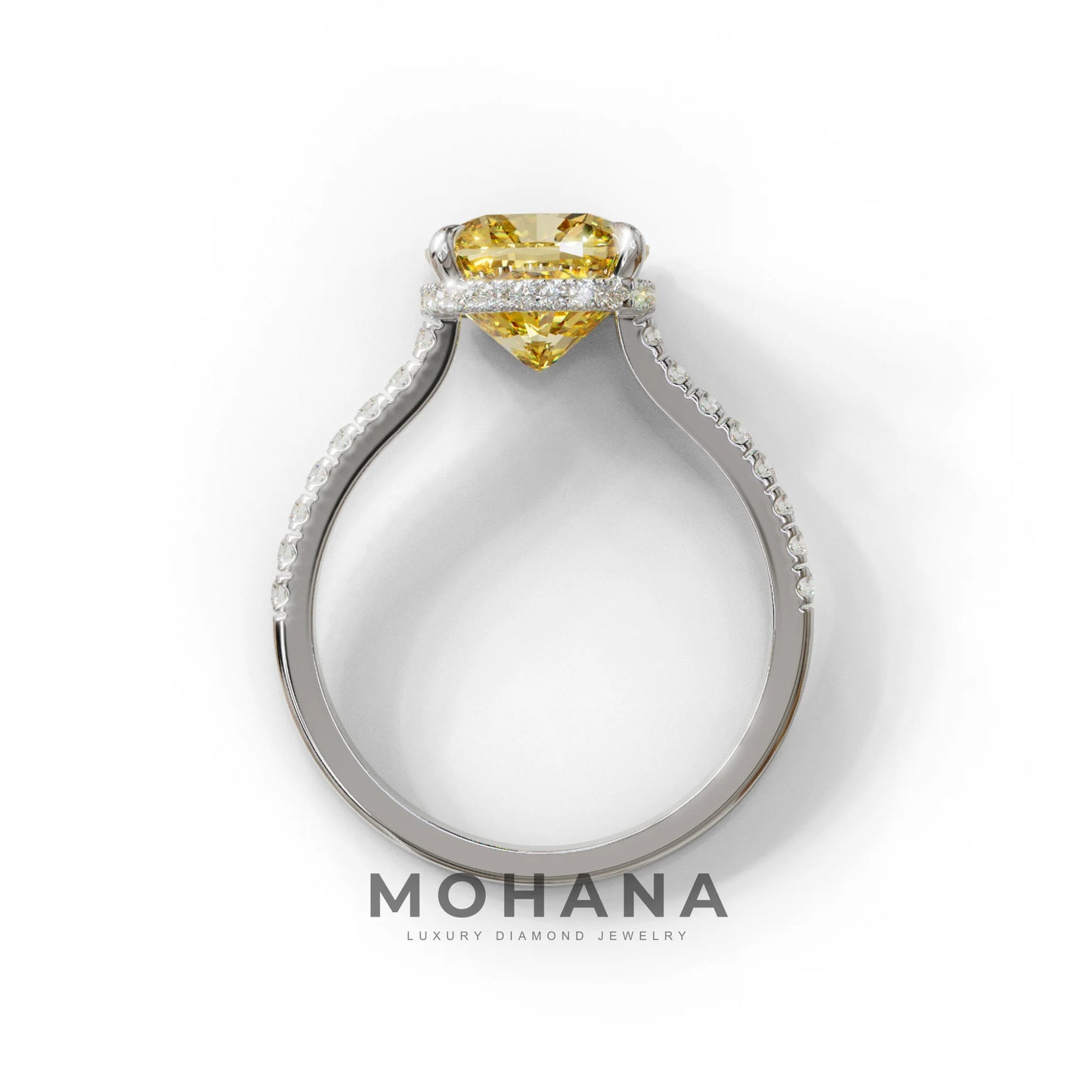 2.5 Carat Yellow Cushion Cut Hidden Halo & Pave Lab Diamond Ring - Éblouissant
