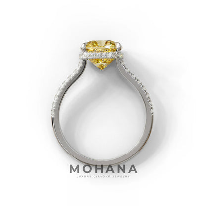 2.5 Carat Yellow Cushion Cut Hidden Halo & Pave Lab Diamond Ring - Éblouissant