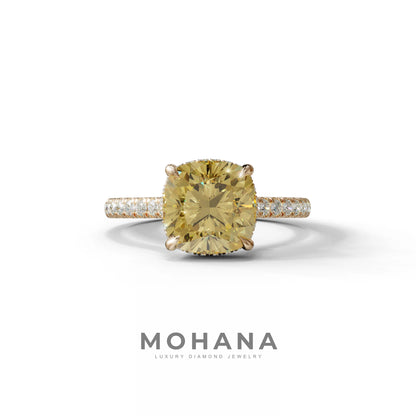 2.5 Carat Yellow Cushion Cut Hidden Halo & Pave Lab Diamond Ring - Éblouissant - 10K Solid Gold / Rose Gold