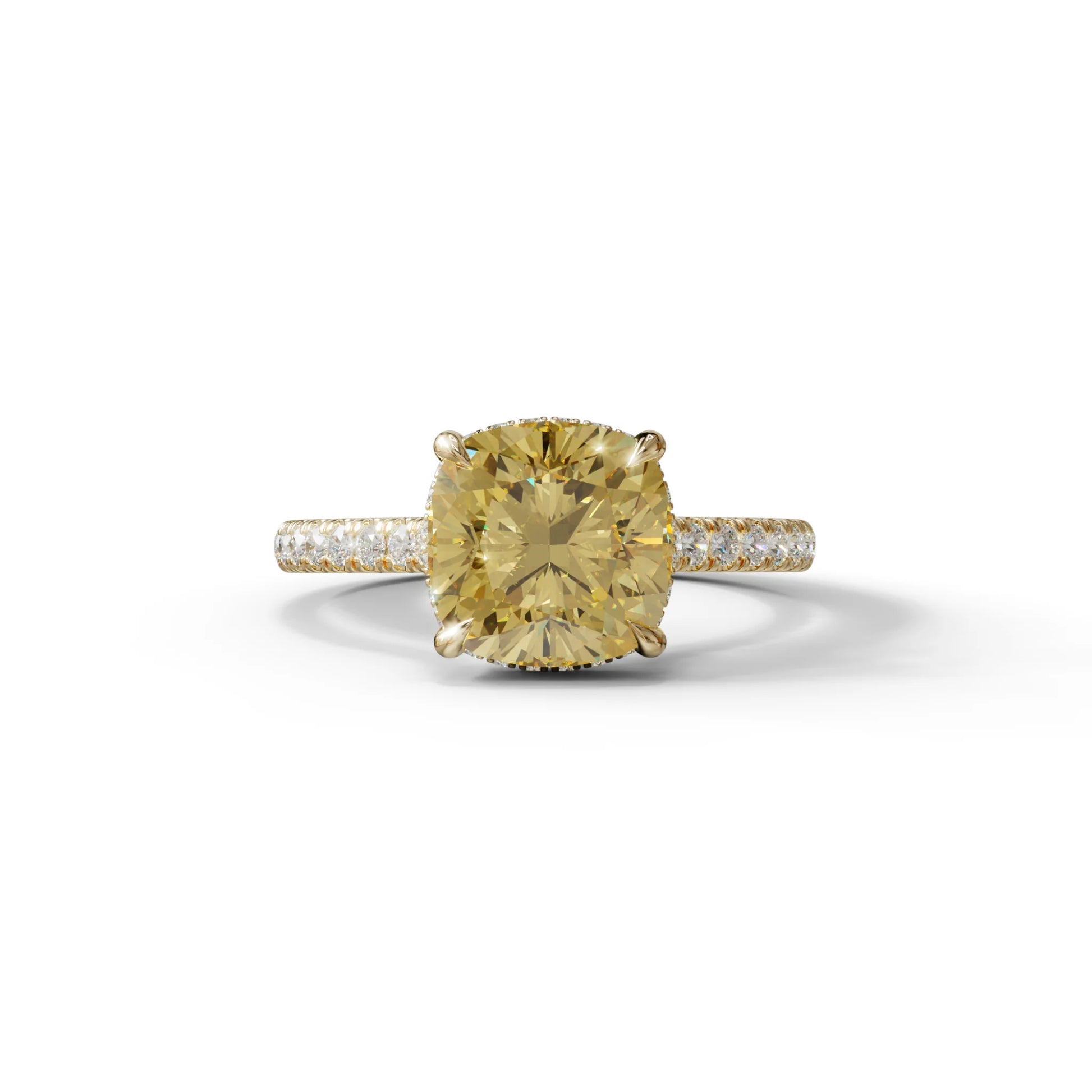 2.5 Carat Yellow Cushion Cut Hidden Halo & Pave Lab Diamond Ring - Éblouissant - 10K Solid Gold / Yellow Gold