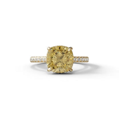 2.5 Carat Yellow Cushion Cut Hidden Halo & Pave Lab Diamond Ring - Éblouissant - 10K Solid Gold / Yellow Gold