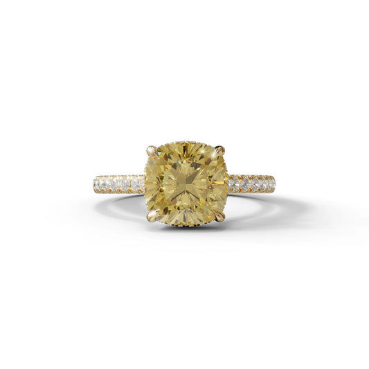 2.5 Carat Yellow Cushion Cut Hidden Halo & Pave Lab Diamond Ring - Éblouissant - 10K Solid Gold / Yellow Gold