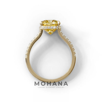 2.5 Carat Yellow Cushion Cut Hidden Halo & Pave Lab Diamond Ring - Éblouissant