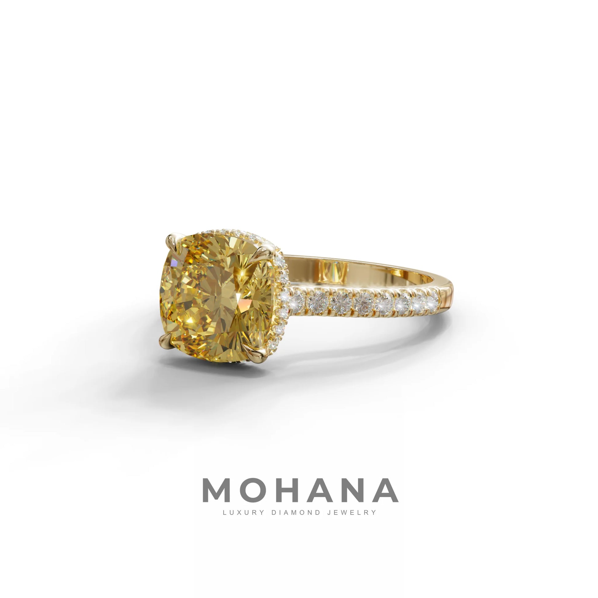 2.5 Carat Yellow Cushion Cut Hidden Halo & Pave Lab Diamond Ring - Éblouissant