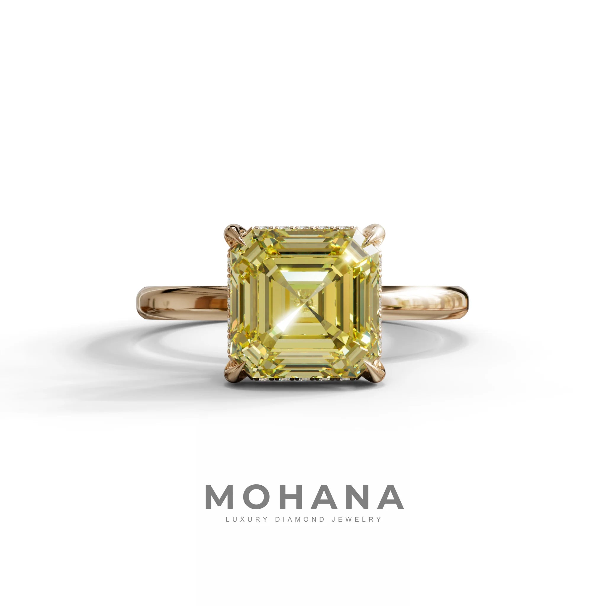 2.5 Carat Yellow Asscher Cut Hidden Halo Setting Lab Grown Diamond Ring - 10K Solid Gold / Rose Gold