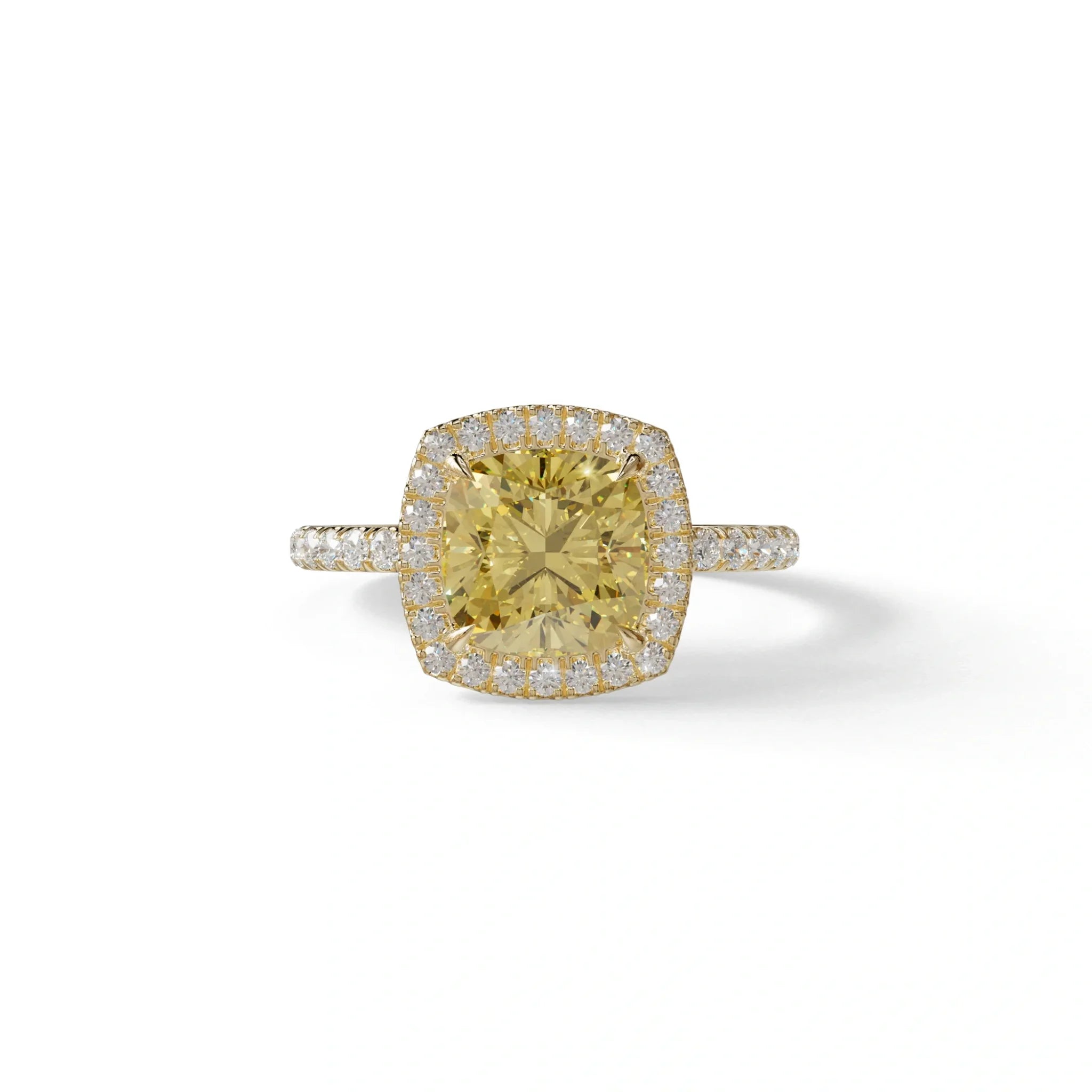 Yellow Cushion Cut Halo & Pave Lab Grown Diamond Engagement Ring - Rosa - 2 Carat / 10K Solid Gold / Yellow Gold
