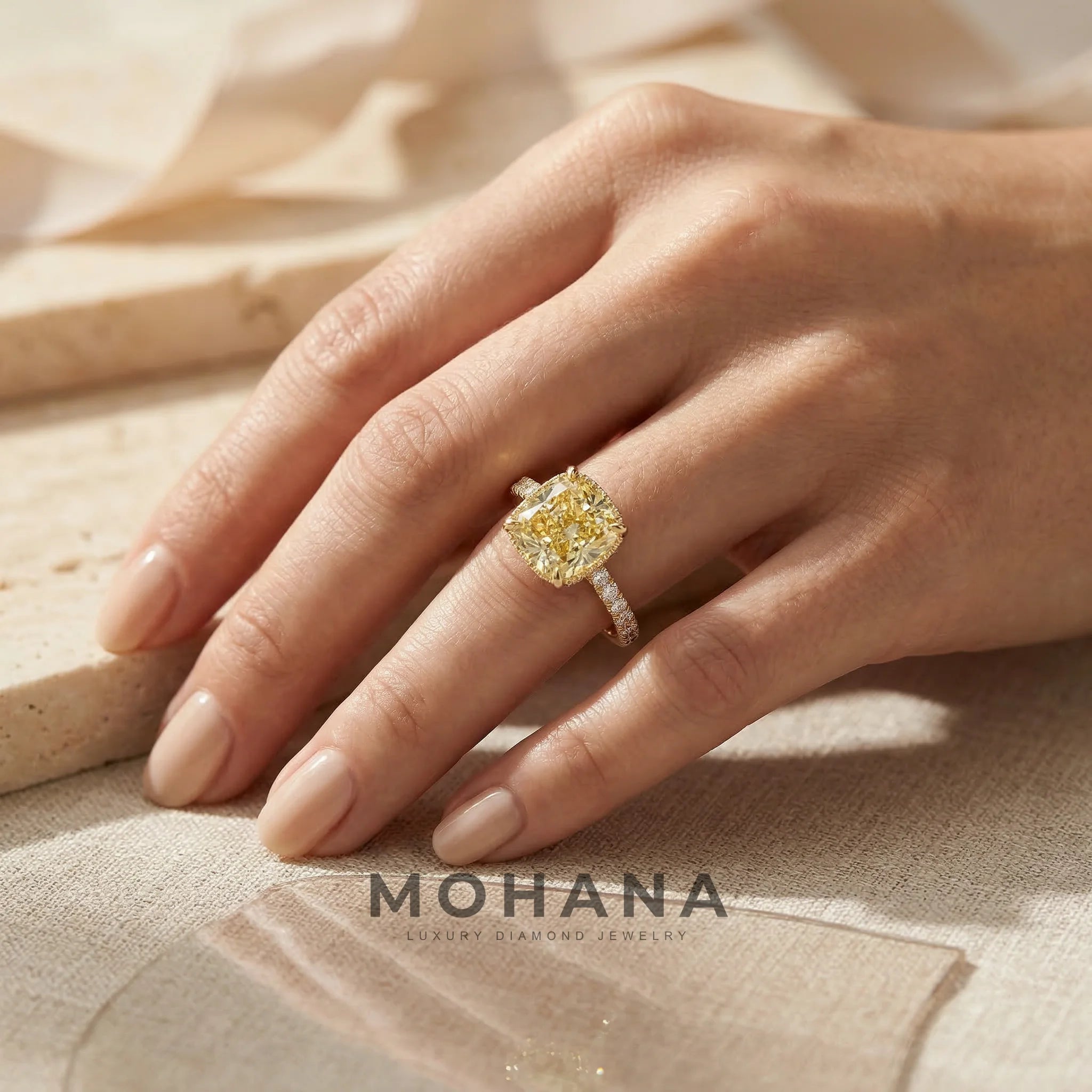 2.5 Carat Yellow Cushion Cut Lab Grown Diamond Hidden Halo Pave Engagement Ring Eblouissant