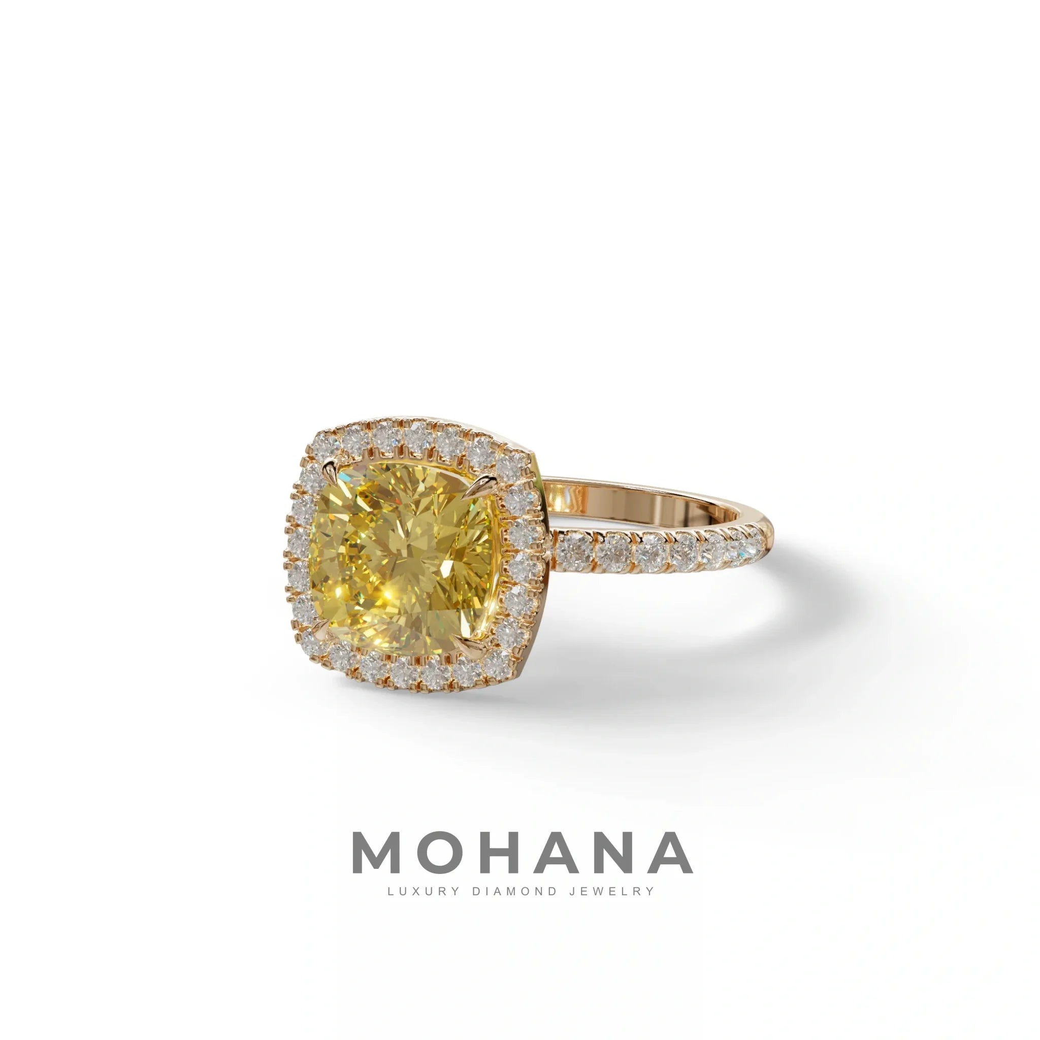 Yellow Cushion Cut Halo & Pave Lab Grown Diamond Engagement Ring - Rosa