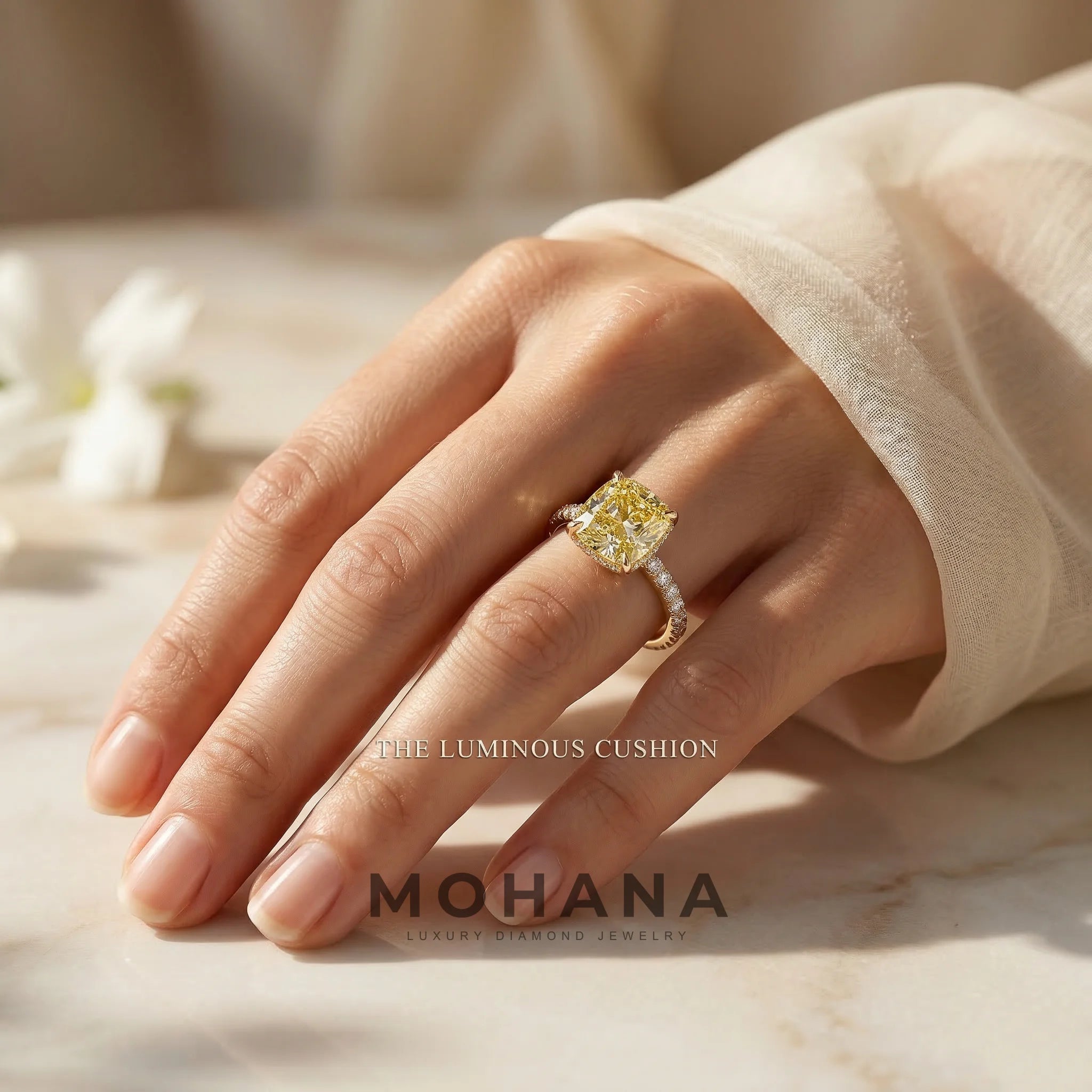 2.5 Carat Yellow Cushion Cut Lab Grown Diamond Hidden Halo Pave Engagement Ring Eblouissant