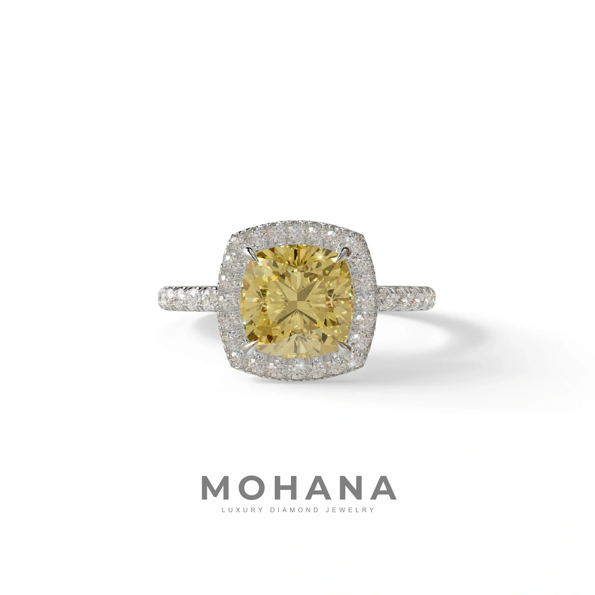 Yellow Cushion Cut Halo & Pave Lab Grown Diamond Engagement Ring - Rosa - 2 Carat / 10K Solid Gold / White Gold