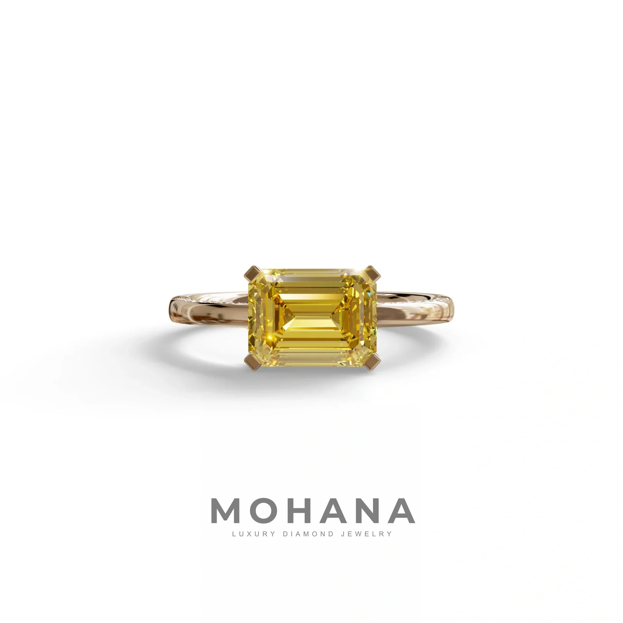 2.5 Ct Yellow Emerald Cut Lab Diamond In Pave-Chanel Setting Ring - Qiqi - 10K Solid Gold / Rose Gold