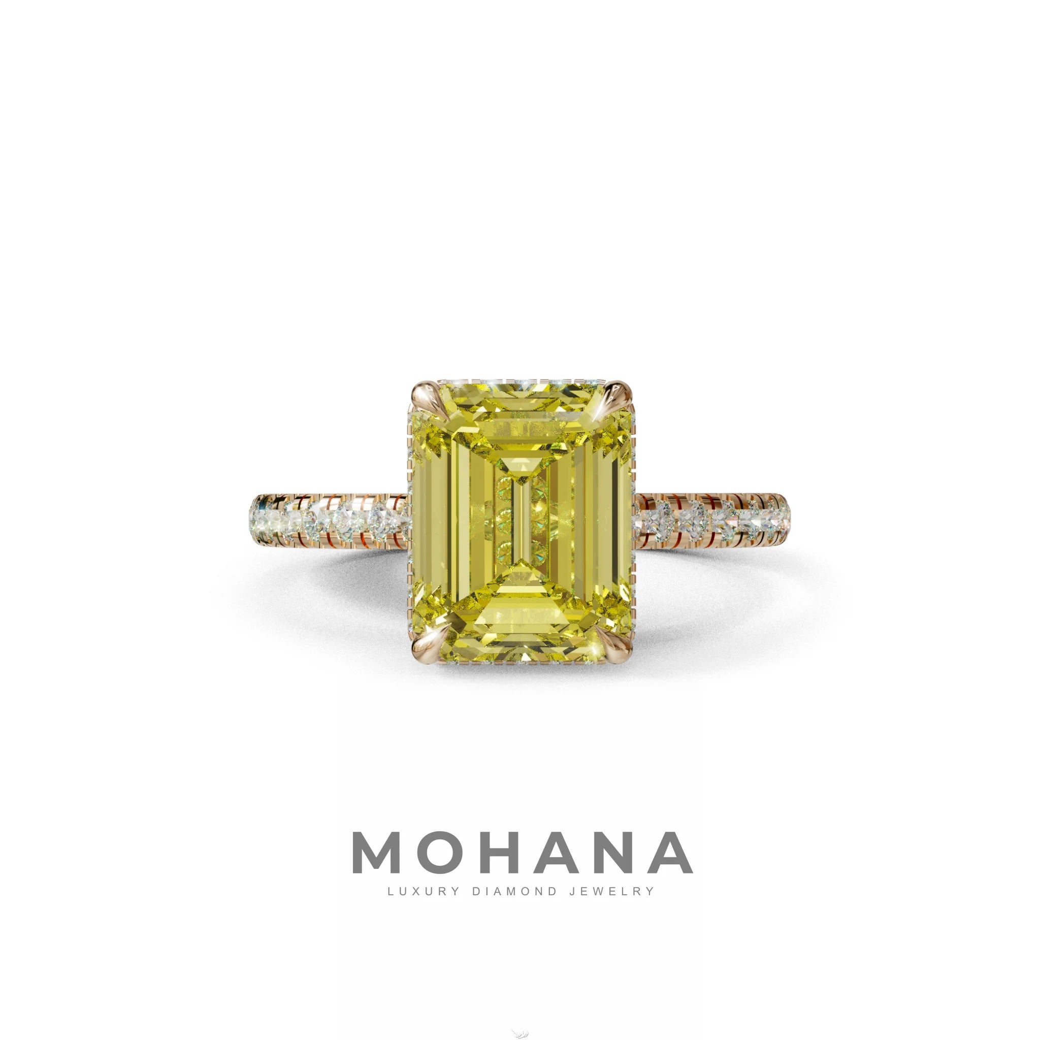 2.5 Ct Yellow Emerald Cut Lab Diamond In Hidden Halo & Pave Setting RIng - Siena - 10K Solid Gold / Rose Gold