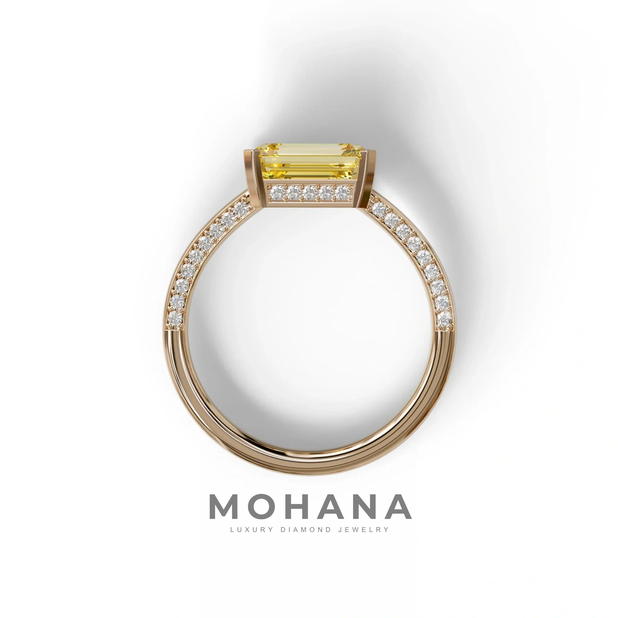 2.5 Ct Yellow Emerald Cut Lab Diamond In Pave-Chanel Setting Ring - Qiqi