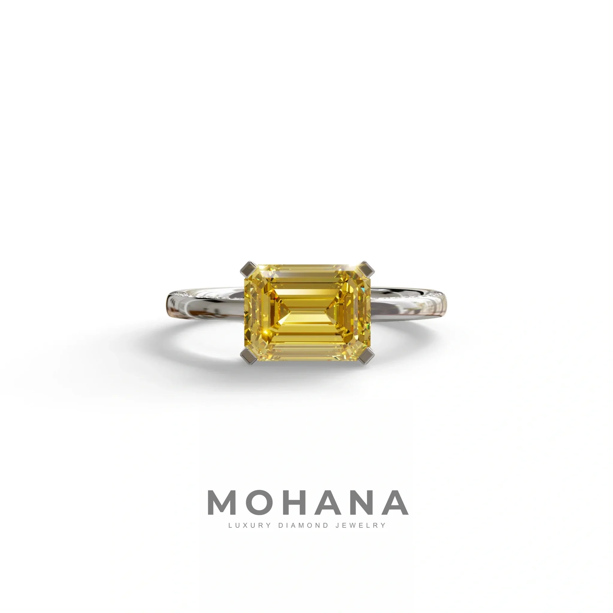 2.5 Ct Yellow Emerald Cut Lab Diamond In Pave-Chanel Setting Ring - Qiqi - 10K Solid Gold / White Gold