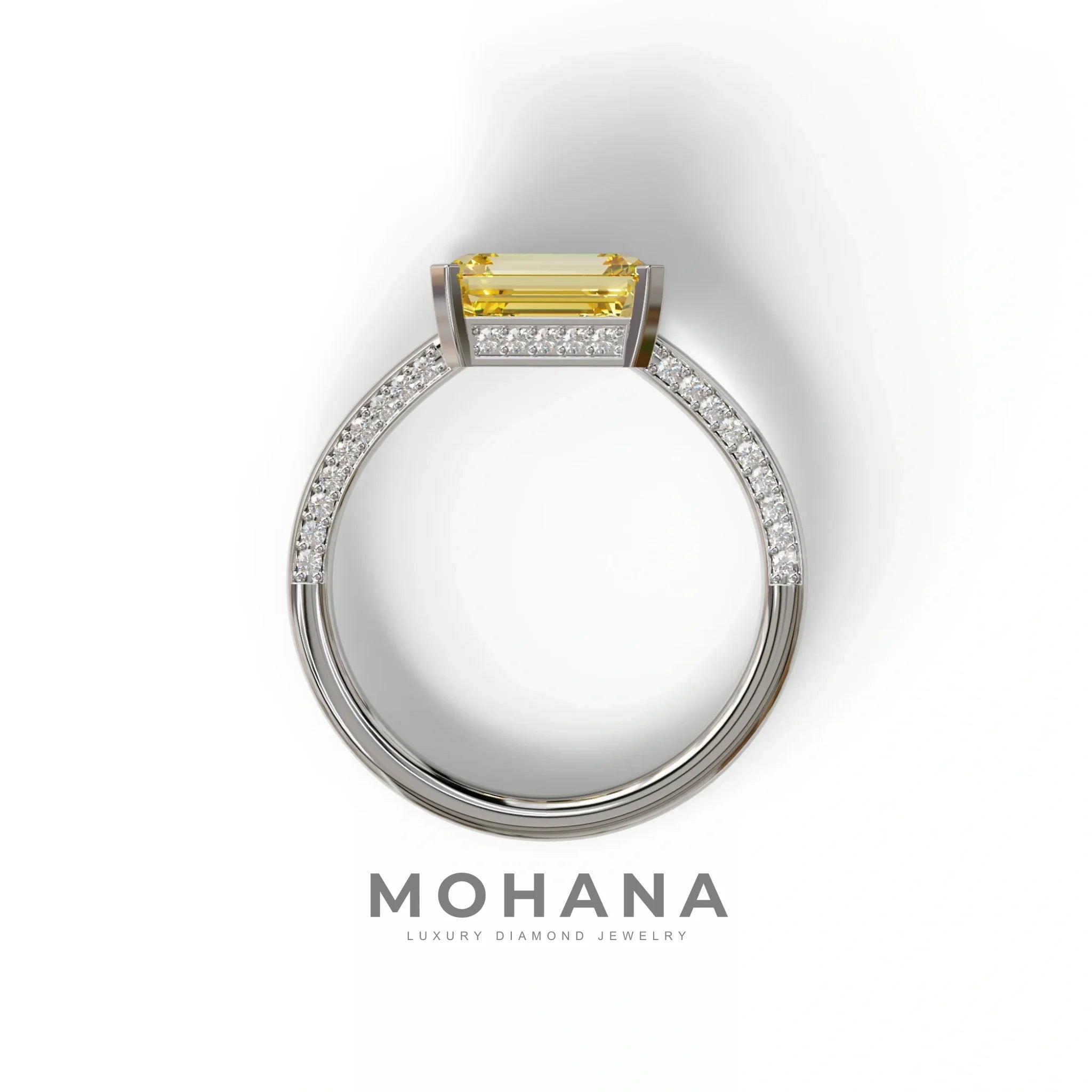 2.5 Ct Yellow Emerald Cut Lab Diamond In Pave-Chanel Setting Ring - Qiqi