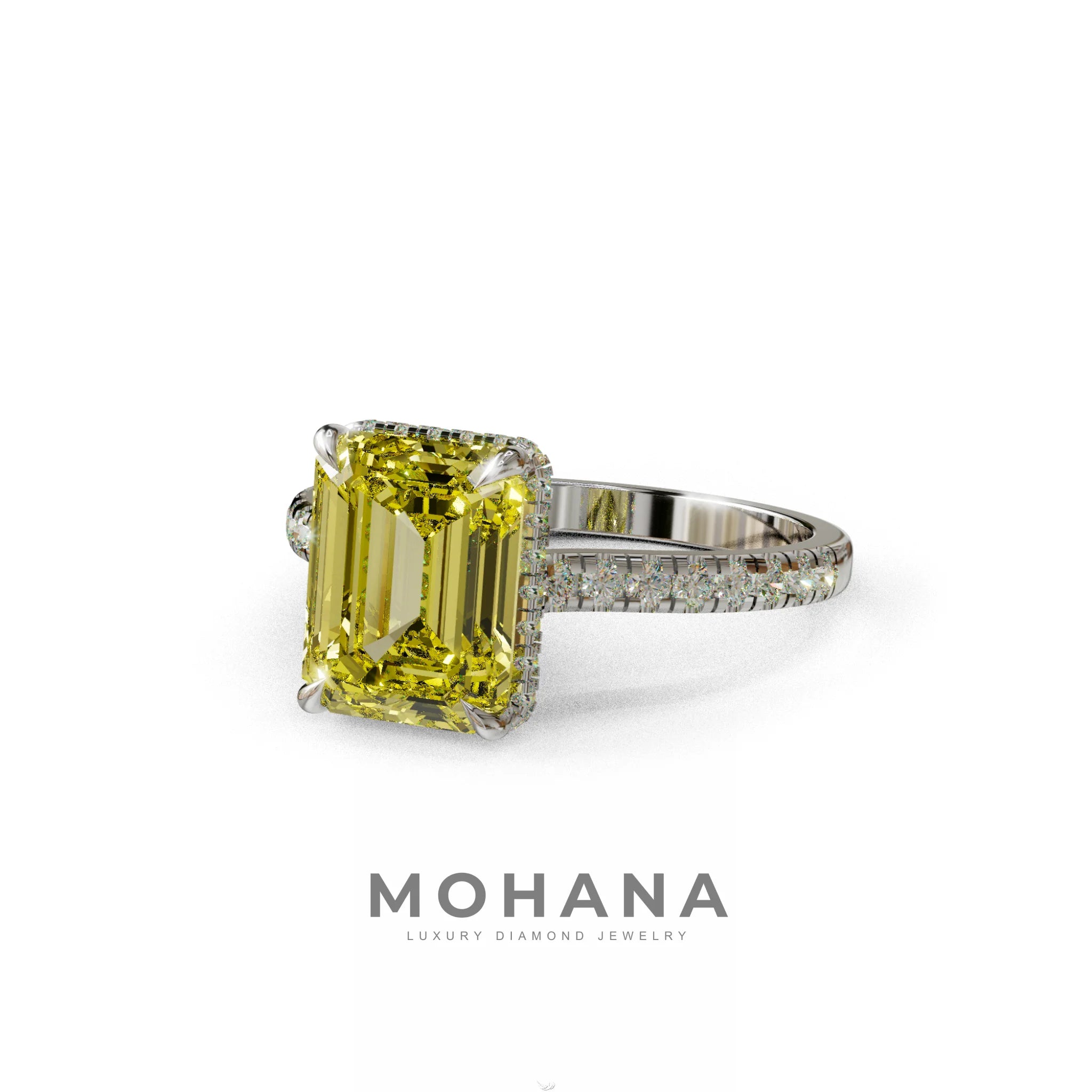 2.5 Ct Yellow Emerald Cut Lab Diamond In Hidden Halo & Pave Setting RIng - Siena