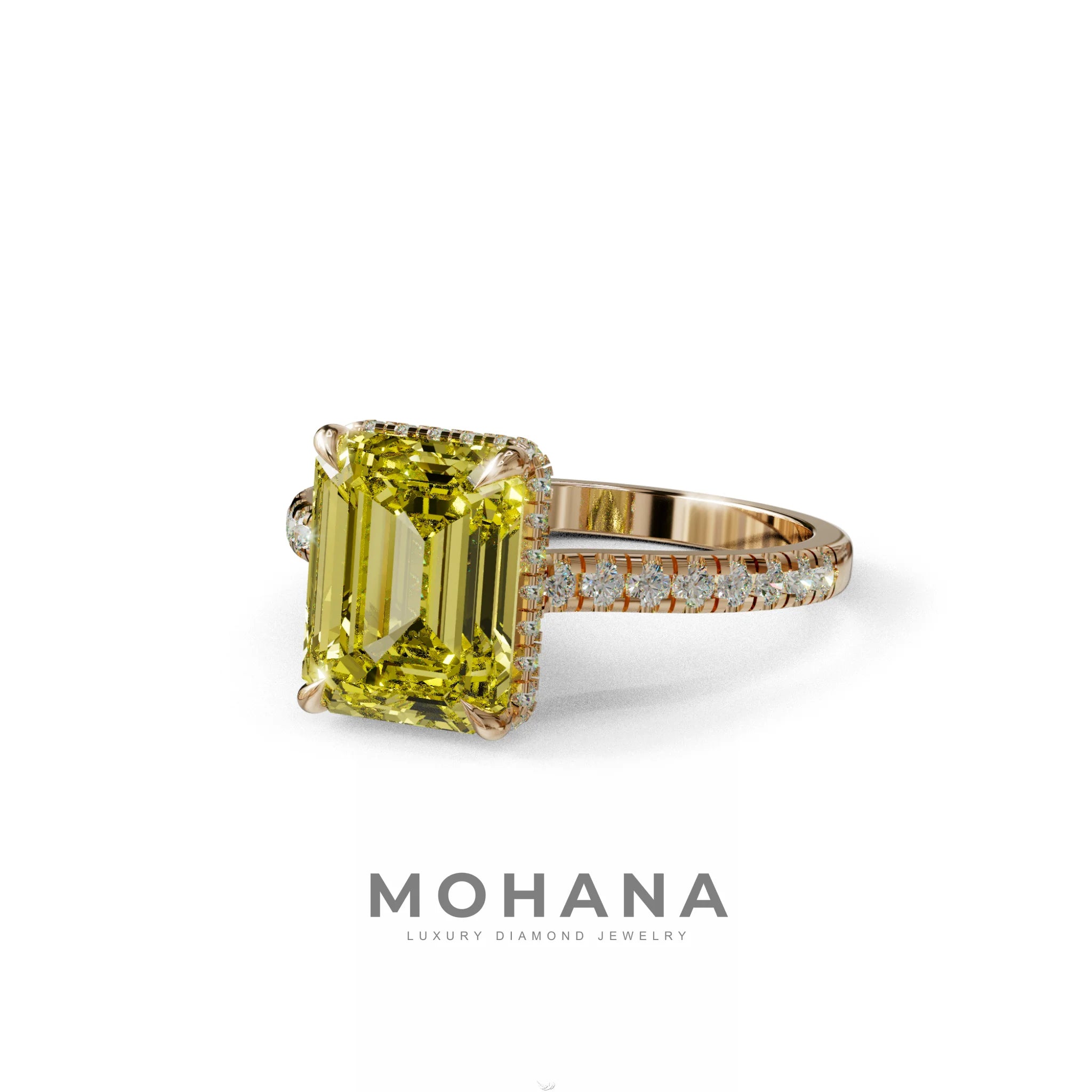 2.5 Ct Yellow Emerald Cut Lab Diamond In Hidden Halo & Pave Setting RIng - Siena