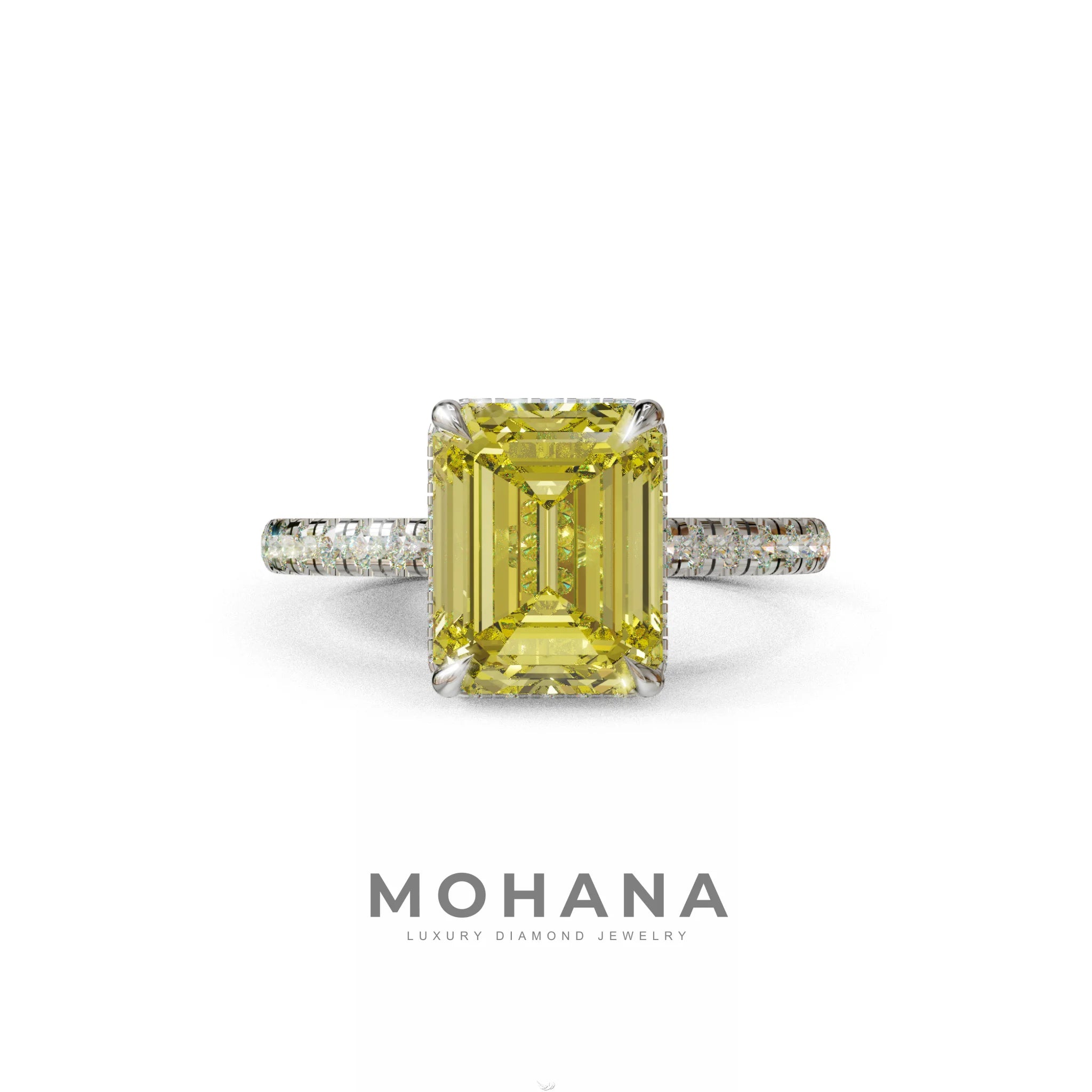 2.5 Ct Yellow Emerald Cut Lab Diamond In Hidden Halo & Pave Setting RIng - Siena - 10K Solid Gold / White Gold