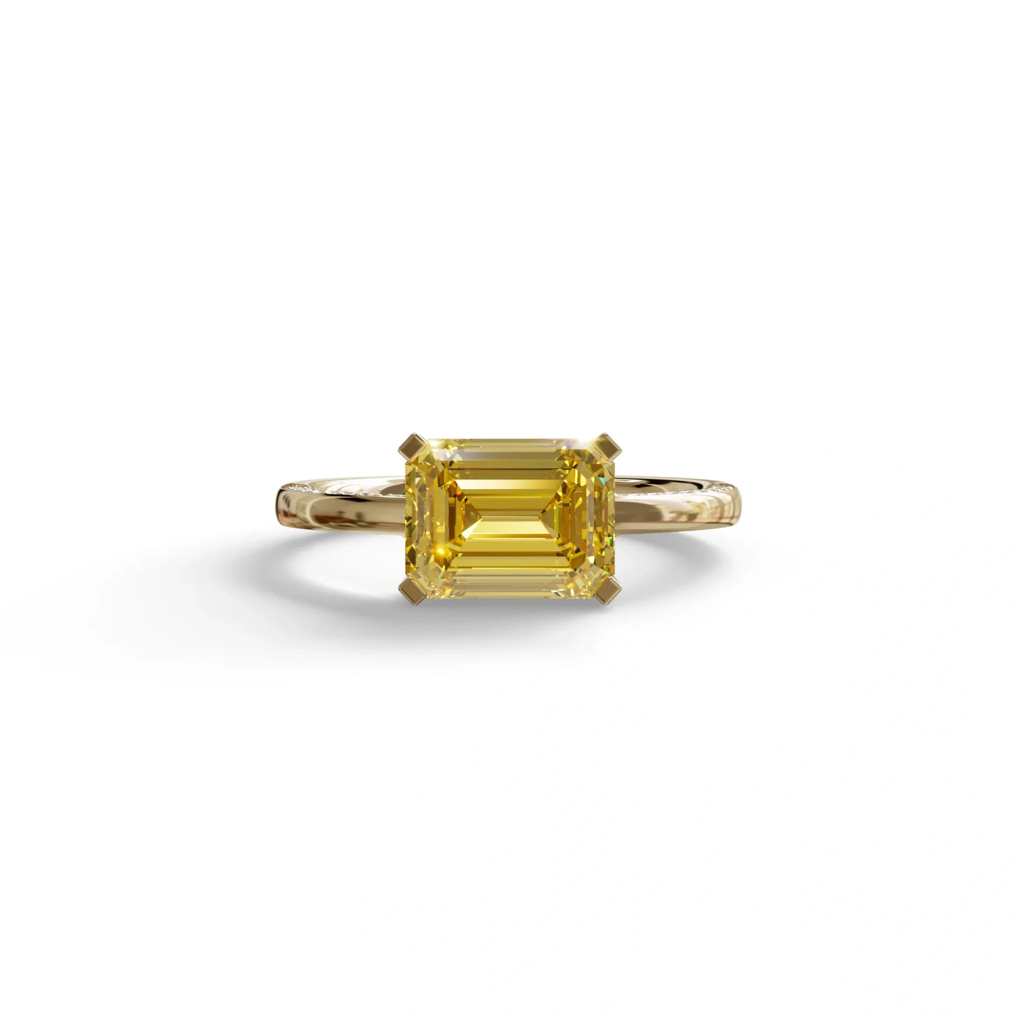 2.5 Ct Yellow Emerald Cut Lab Diamond In Pave-Chanel Setting Ring - Qiqi - 10K Solid Gold / Yellow Gold
