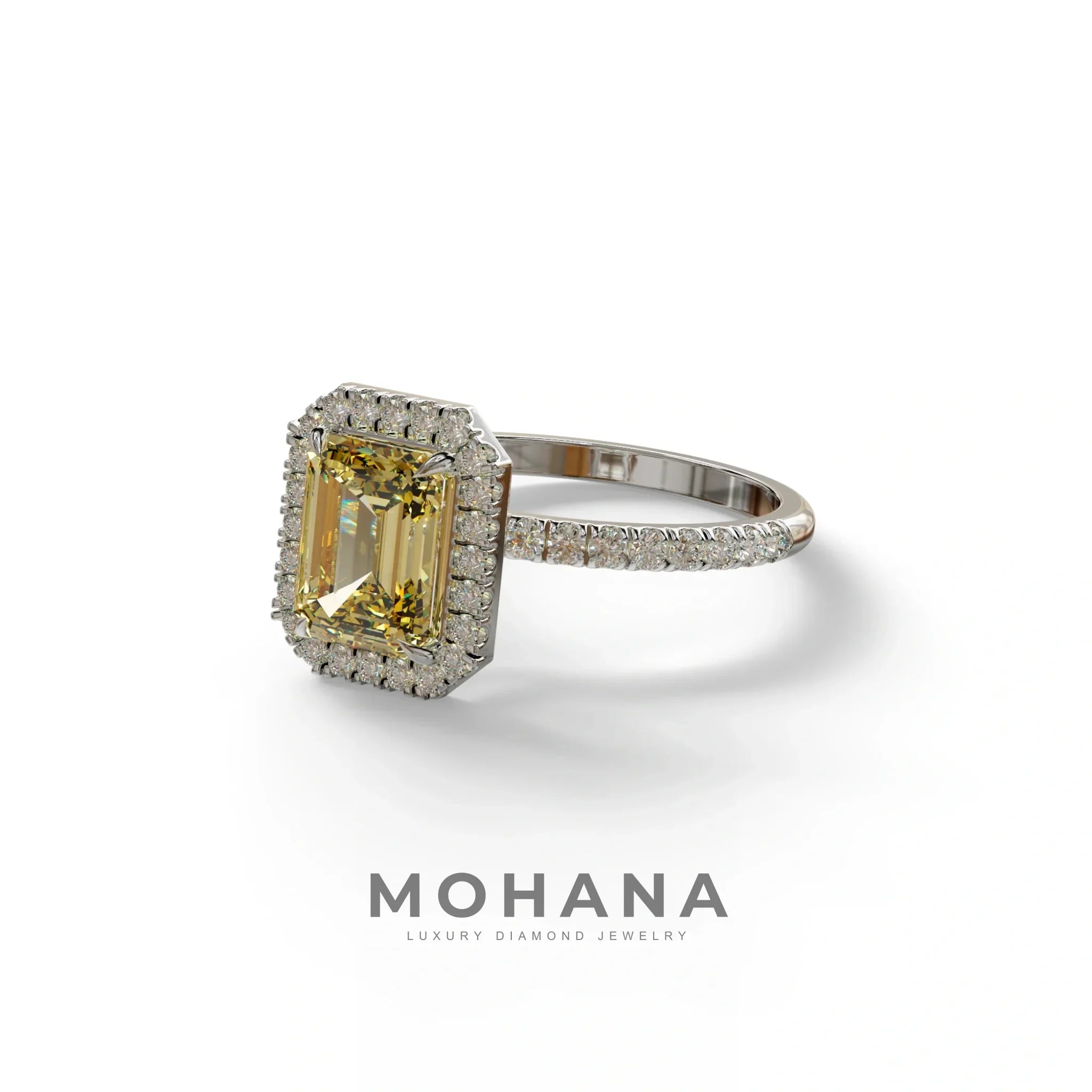 Yellow Emerald Cut Halo & Pave Lab Grown Diamond Engagement Ring - Viola