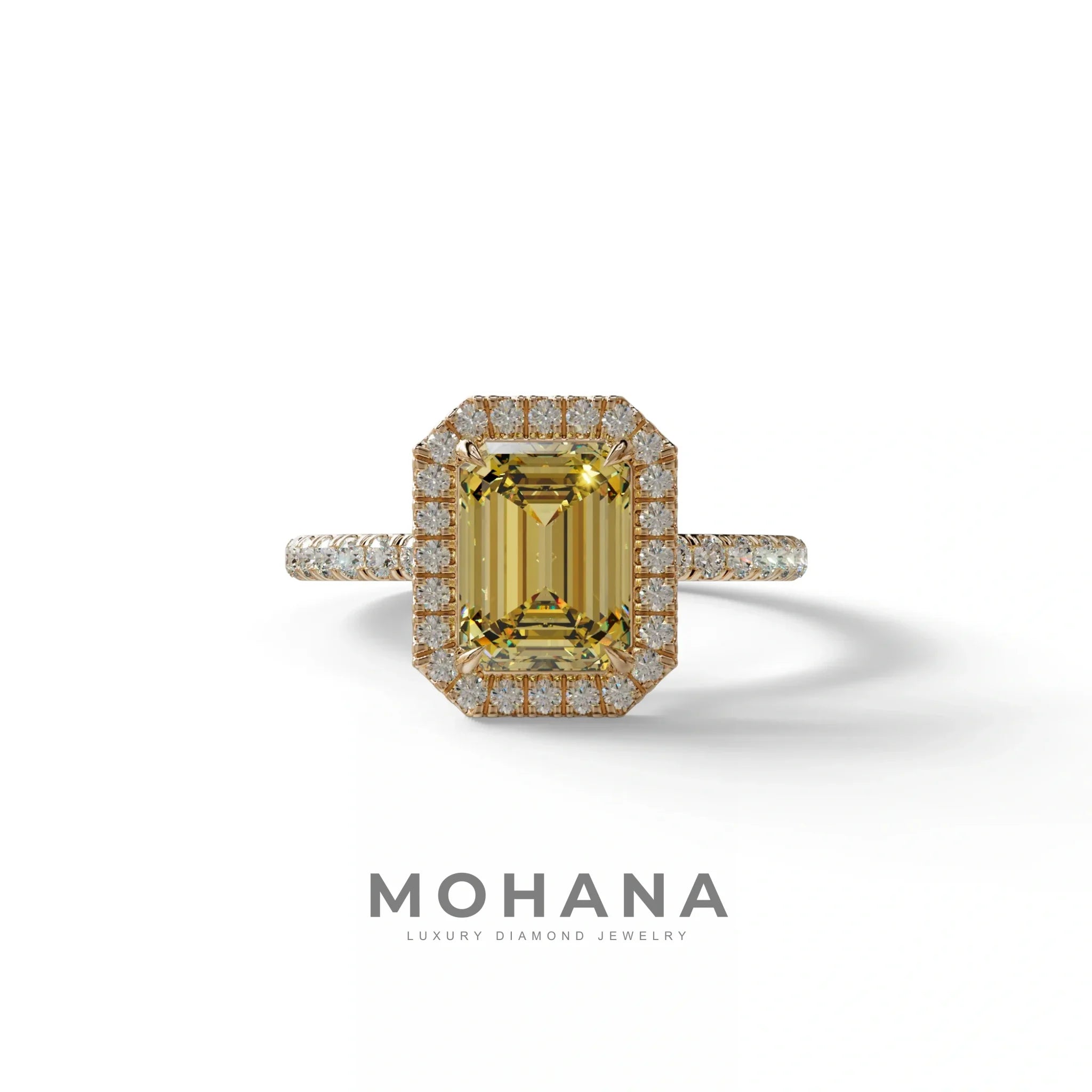 Yellow Emerald Cut Halo & Pave Lab Grown Diamond Engagement Ring - Viola - 2 Carat / 10K Solid Gold / Rose Gold