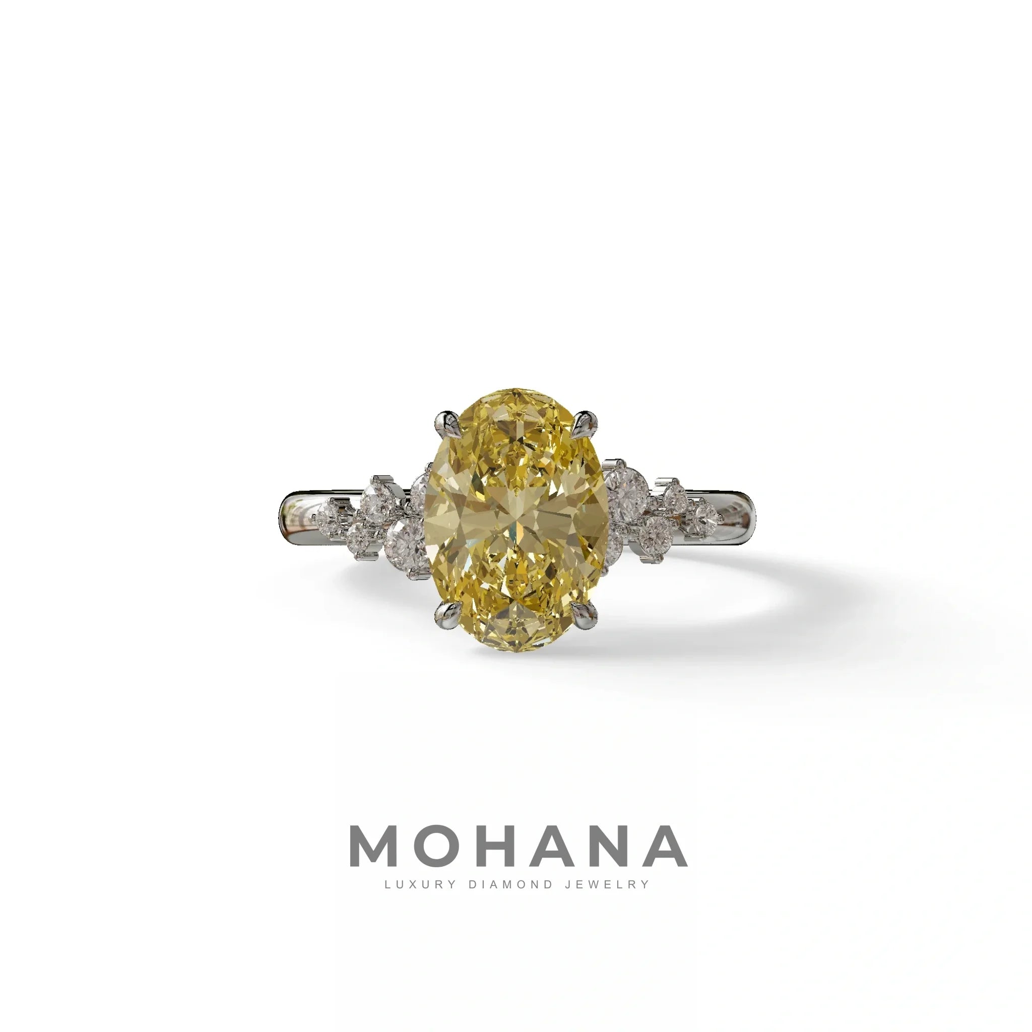 Yellow Oval Cut Cluster-Vintage Setting Lab Grown Diamond Ring - Celeste Arc - 2 Carat / 10K Solid Gold / White Gold