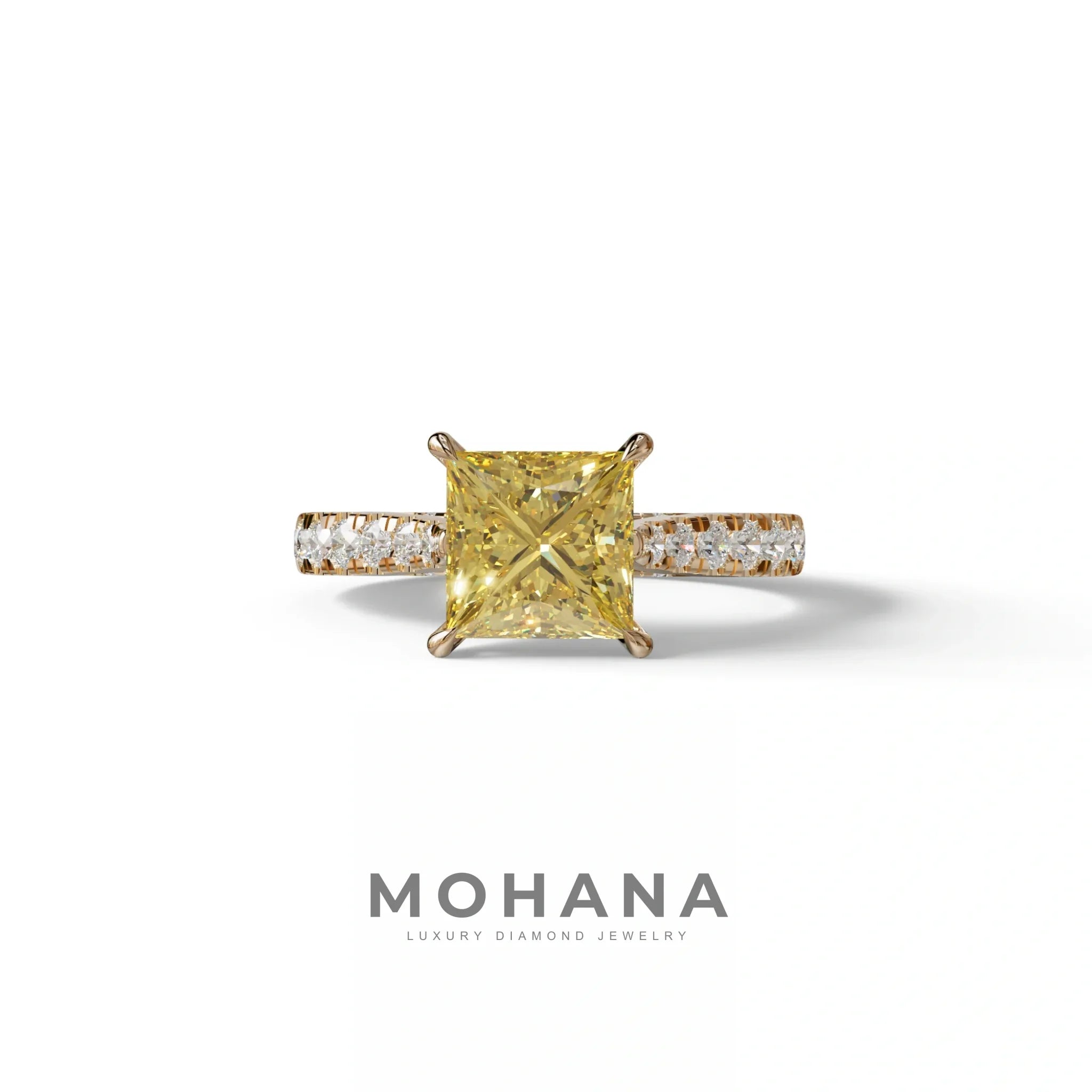 2.5 Carat Yellow Princess Cut Hidden Halo & Pave Lab Diamond Ring - Aries - 10K Solid Gold / Rose Gold