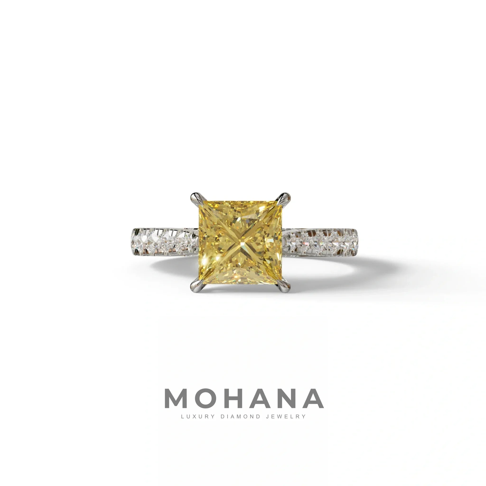 2.5 Carat Yellow Princess Cut Hidden Halo & Pave Lab Diamond Ring - Aries - 10K Solid Gold / White Gold