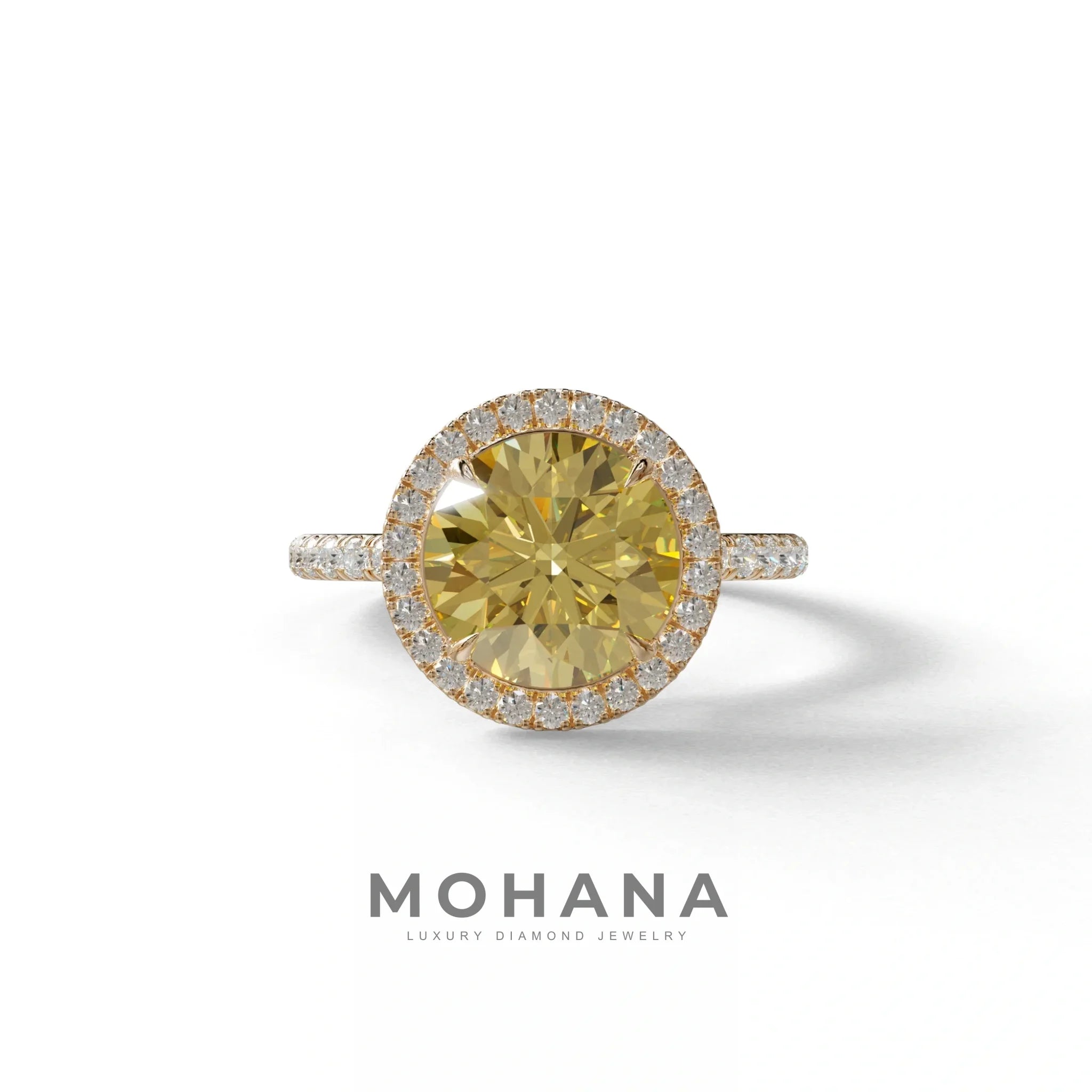 Fancy Yellow Round Cut Halo & Pave Lab Grown Diamond Engagement Ring - Flutura - 2 Carat / 10K Solid Gold / Rose Gold