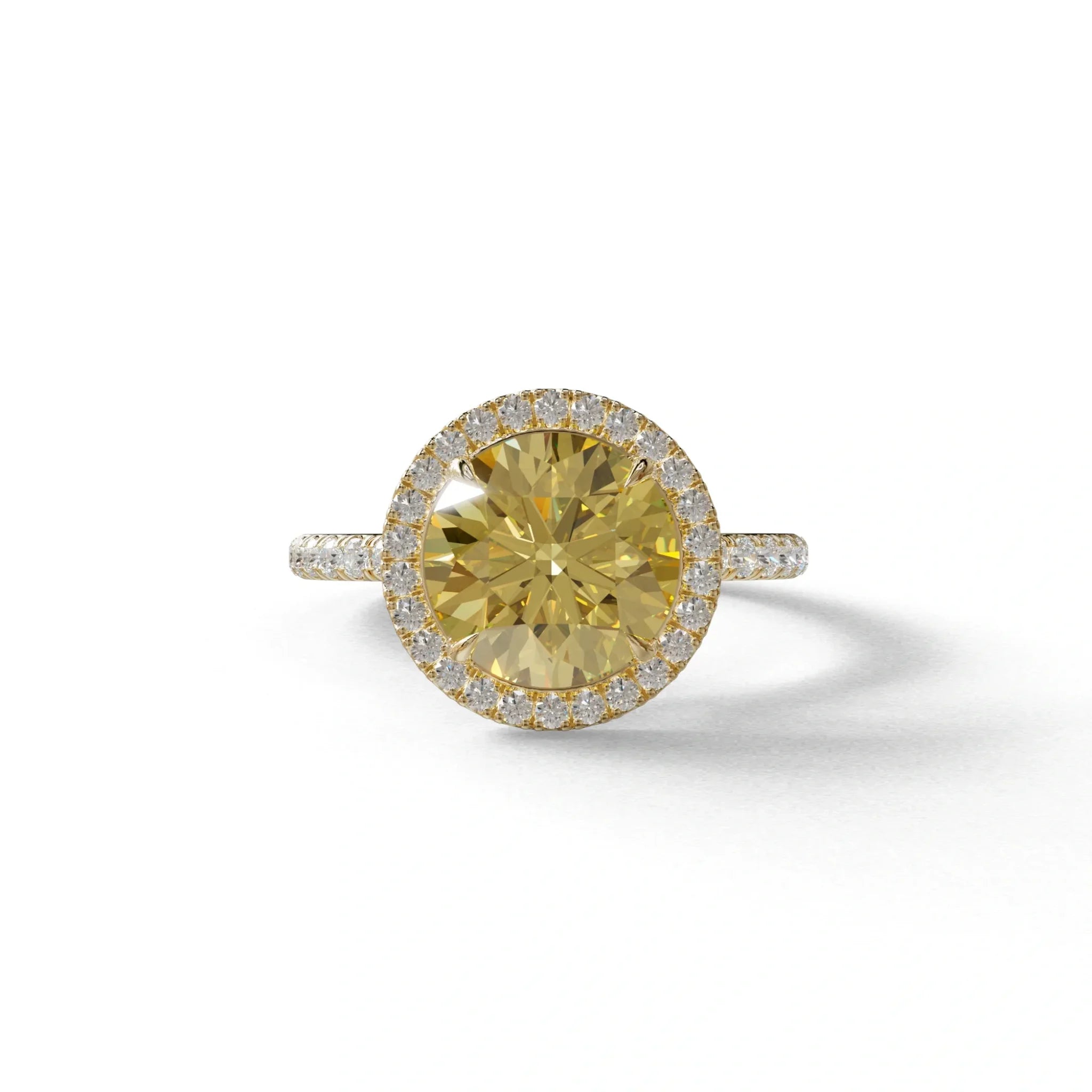 Fancy Yellow Round Cut Halo & Pave Lab Grown Diamond Engagement Ring - Flutura - 2 Carat / 10K Solid Gold / Yellow Gold