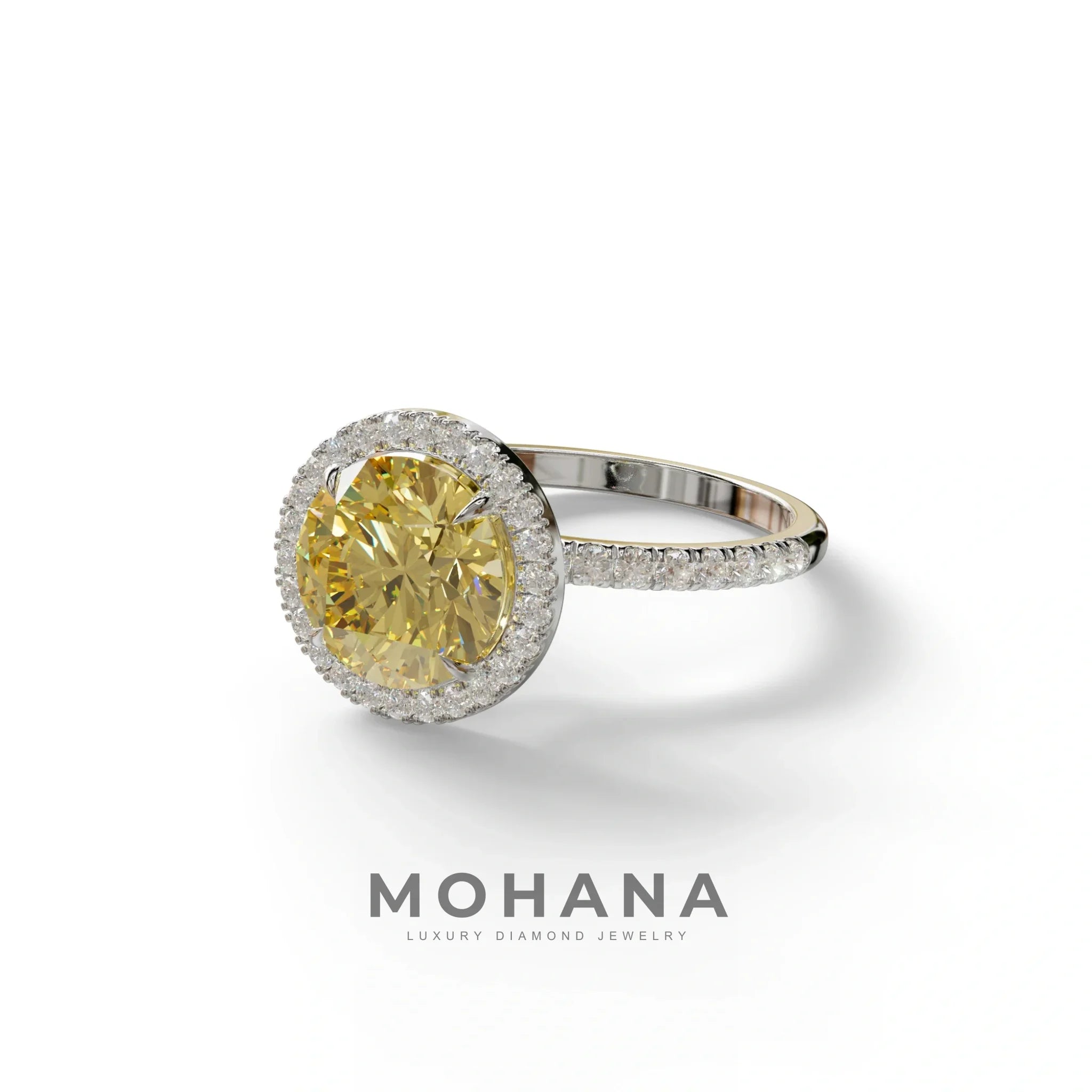 Fancy Yellow Round Cut Halo & Pave Lab Grown Diamond Engagement Ring - Flutura