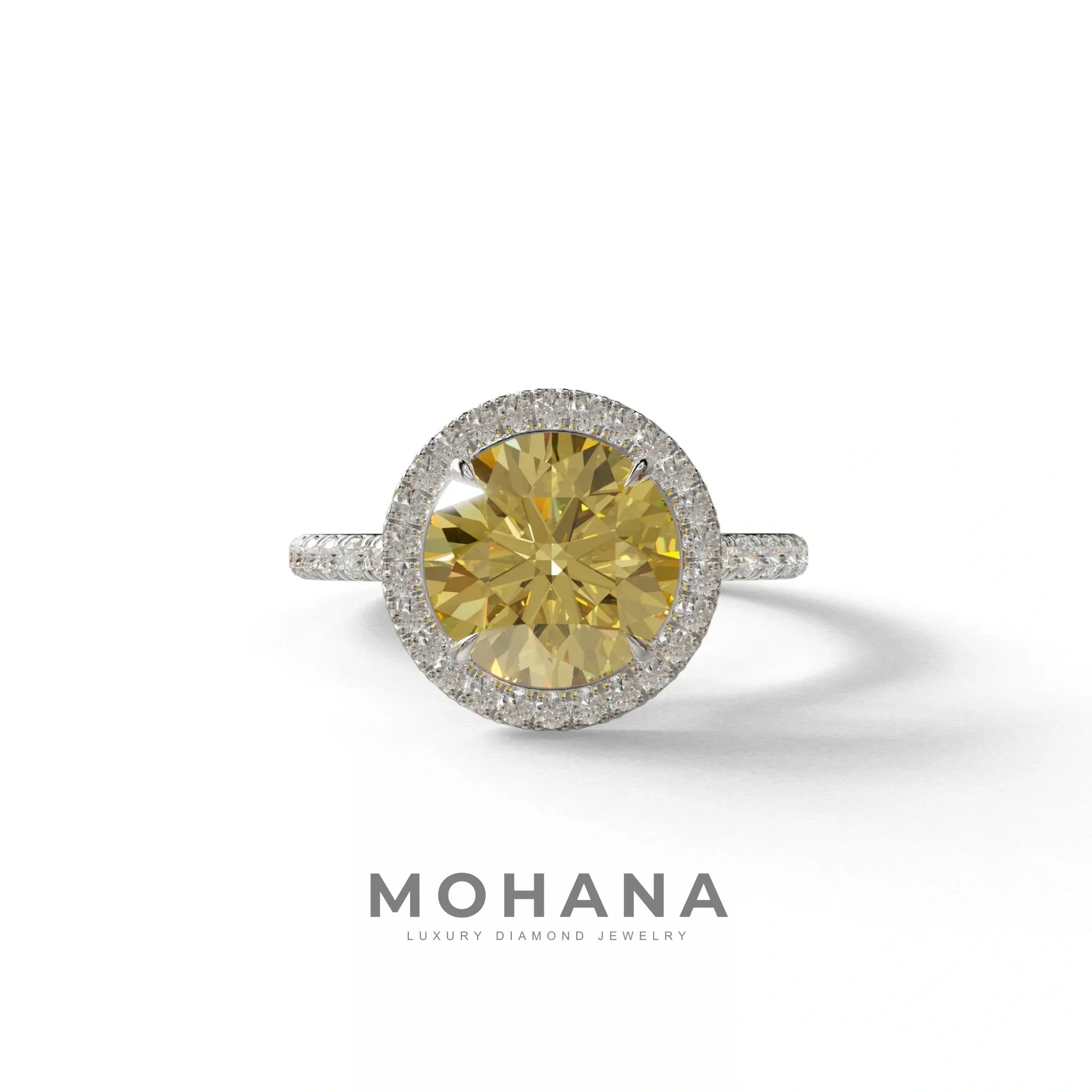 Fancy Yellow Round Cut Halo & Pave Lab Grown Diamond Engagement Ring - Flutura - 2 Carat / 10K Solid Gold / White Gold