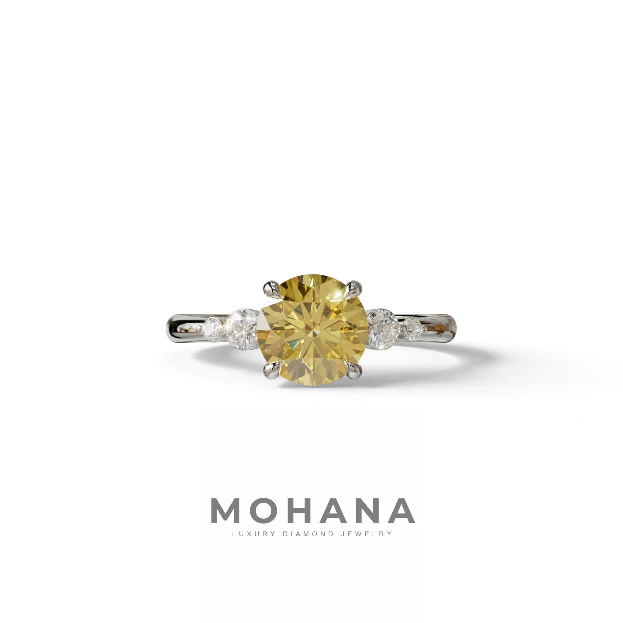 Yellow Round Three Stone Lab Grown Diamond Engagement Ring - Romance - 2 Carat / 10K Solid Gold / White Gold