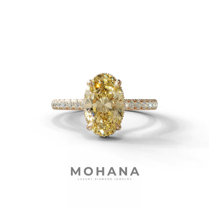 2.5 Carat Yellow Oval Hidden Halo & Pave Setting Lab Diamond Ring - Eblouissant - 10K Solid Gold / Rose Gold