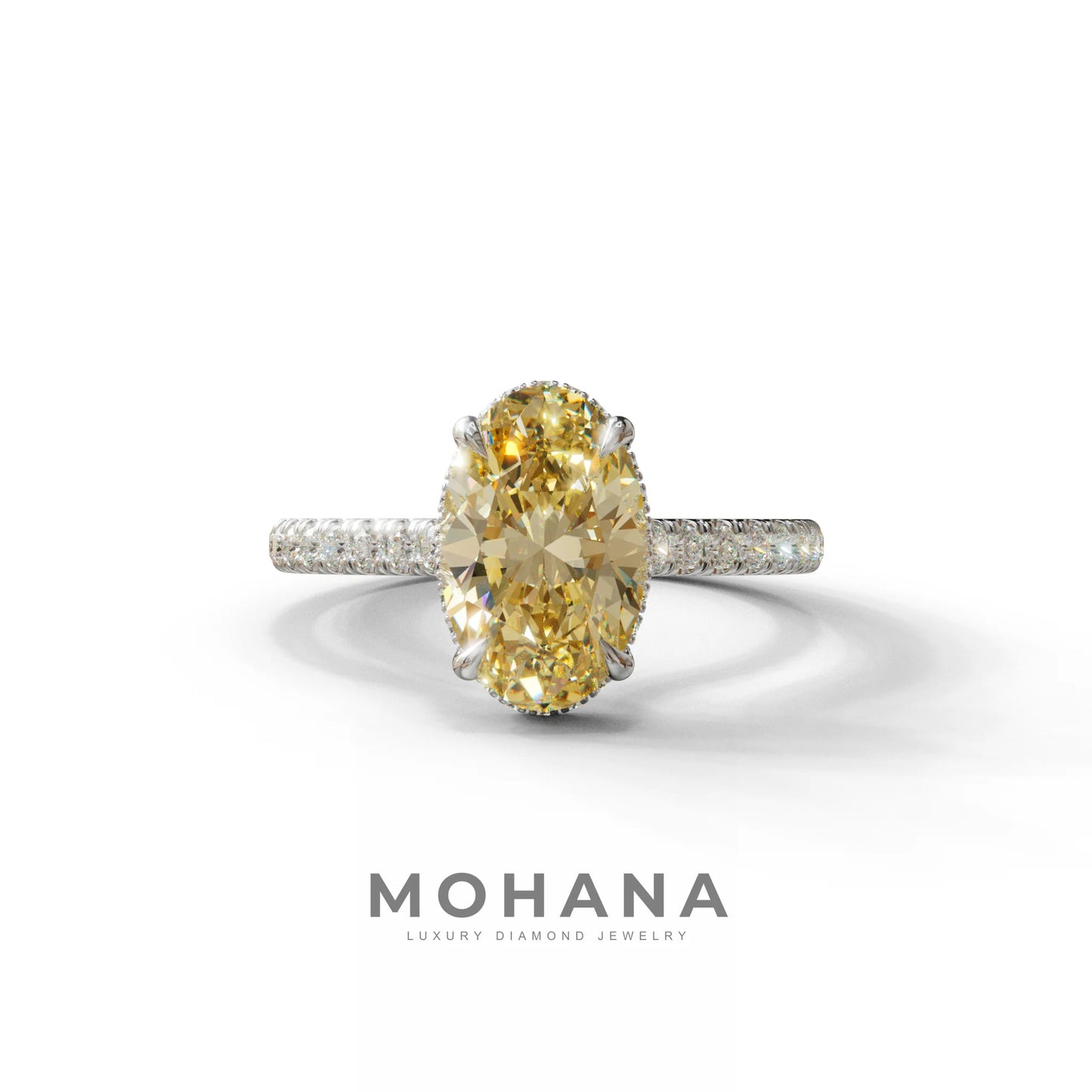 2.5 Carat Yellow Oval Hidden Halo & Pave Setting Lab Diamond Ring - Eblouissant - 10K Solid Gold / White Gold