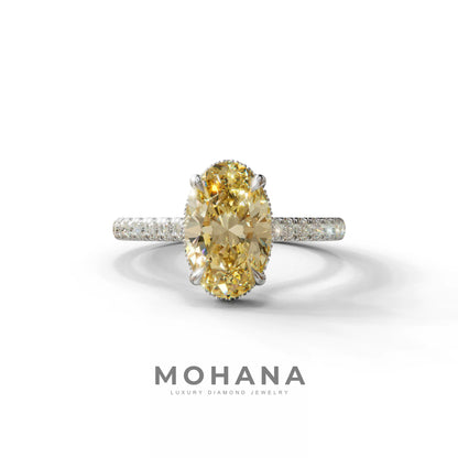 2.5 Carat Yellow Oval Hidden Halo & Pave Setting Lab Diamond Ring - Eblouissant - 10K Solid Gold / White Gold