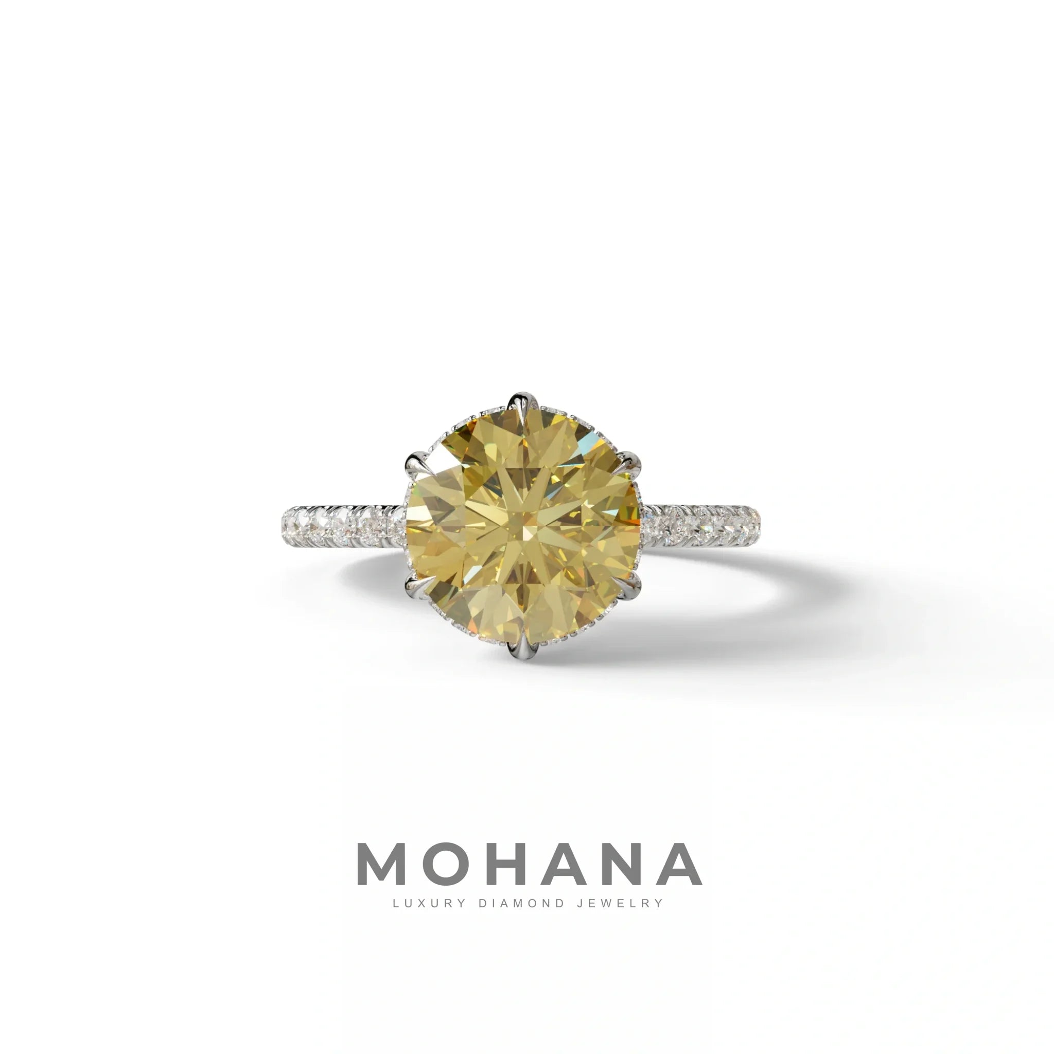 2.5 Carat Yellow Round Cut Hidden Halo & Pave Lab Diamond Ring - Hyper Saga - 10K Solid Gold / White Gold