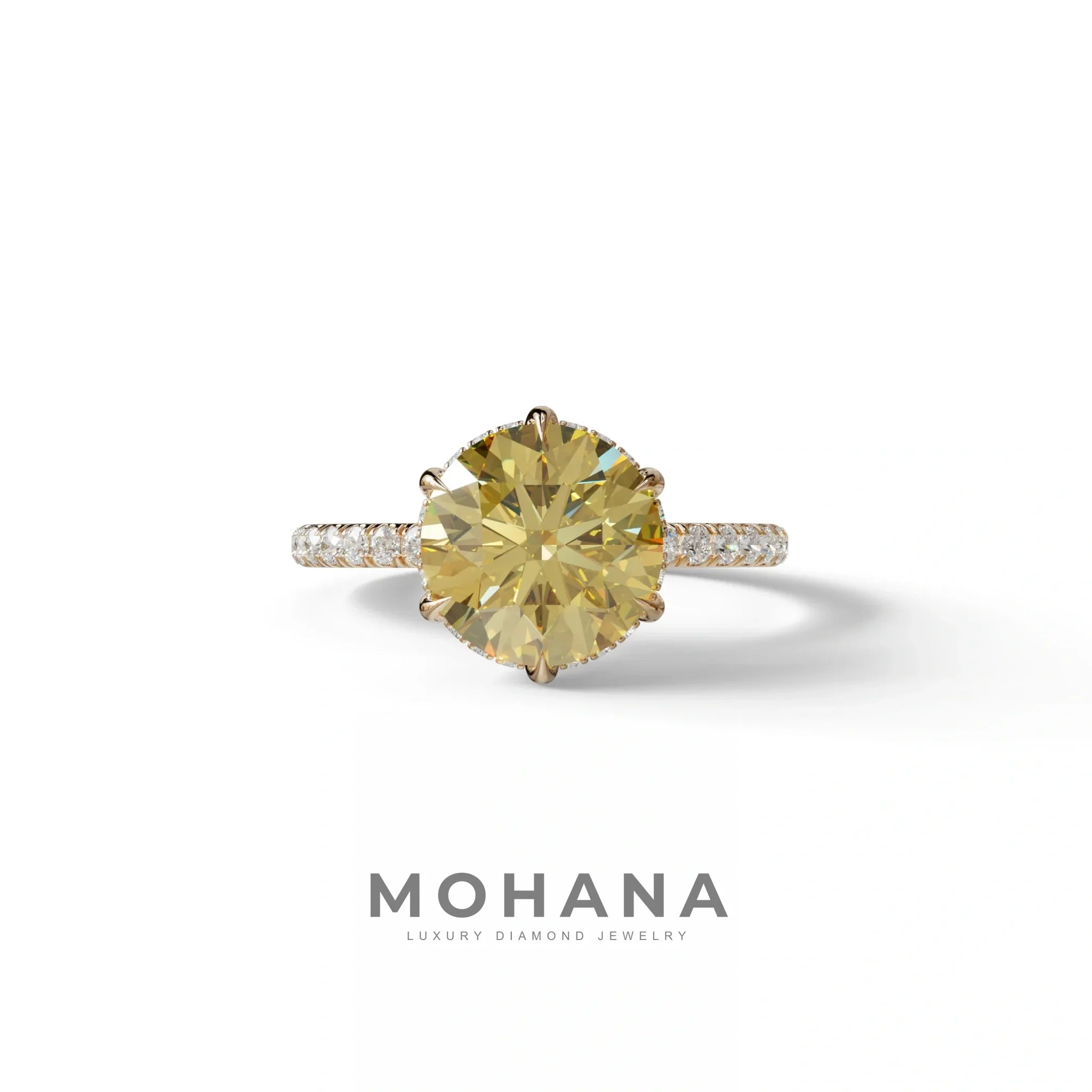 2.5 Carat Yellow Round Cut Hidden Halo & Pave Lab Diamond Ring - Hyper Saga - 10K Solid Gold / Rose Gold