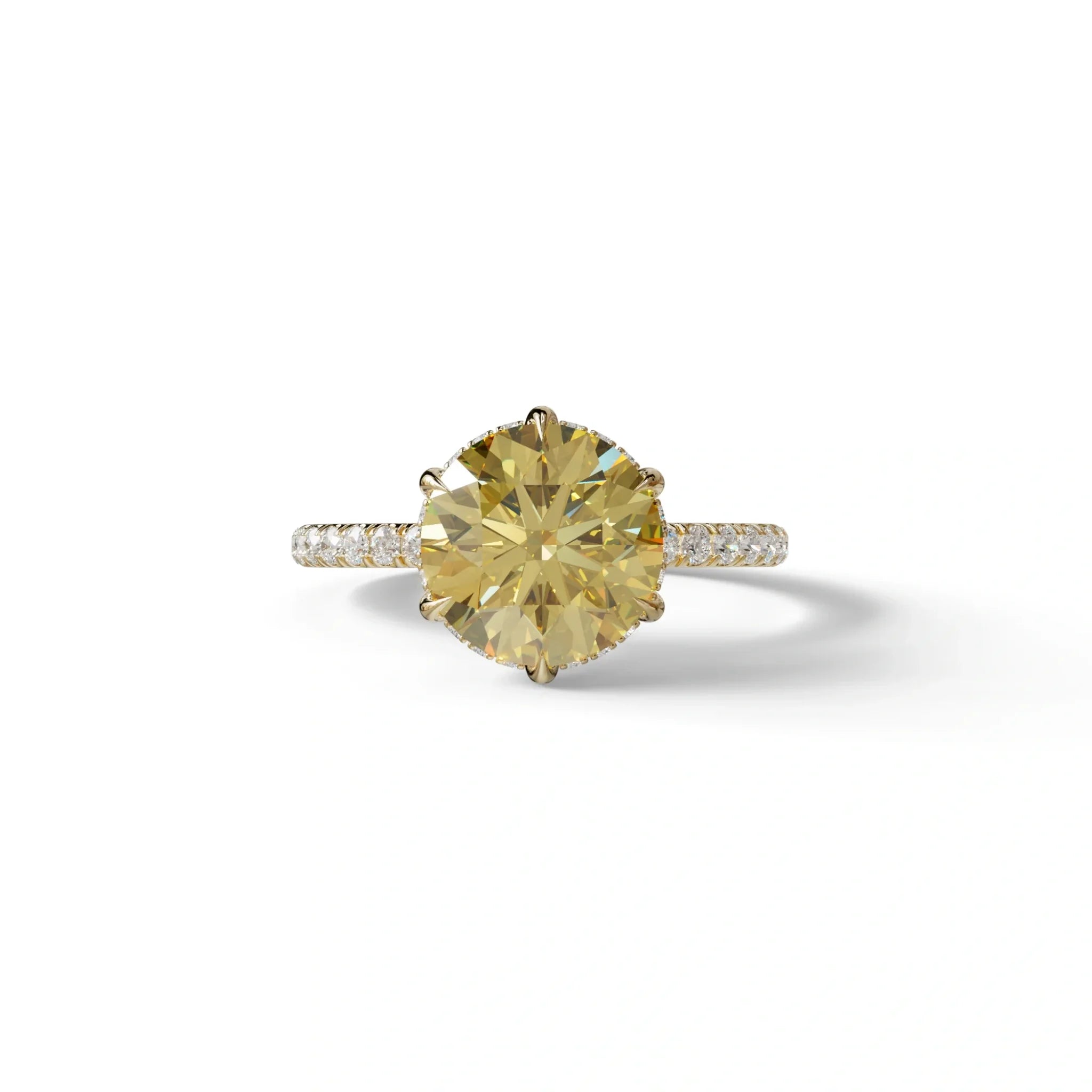 2.5 Carat Yellow Round Cut Hidden Halo & Pave Lab Diamond Ring - Hyper Saga - 10K Solid Gold / Yellow Gold