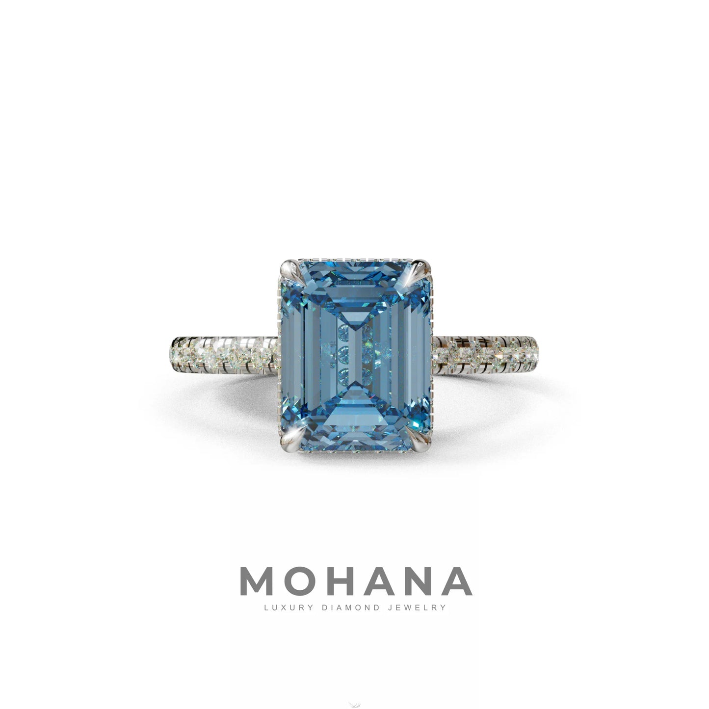 2.5 Ct Blue Emerald Cut Lab Diamond In Hidden Halo & Pave Setting Ring - Siena 10K Solid Gold / White Gold