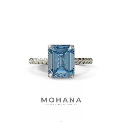 2.5 Ct Blue Emerald Cut Lab Diamond In Hidden Halo & Pave Setting Ring - Siena 10K Solid Gold / White Gold
